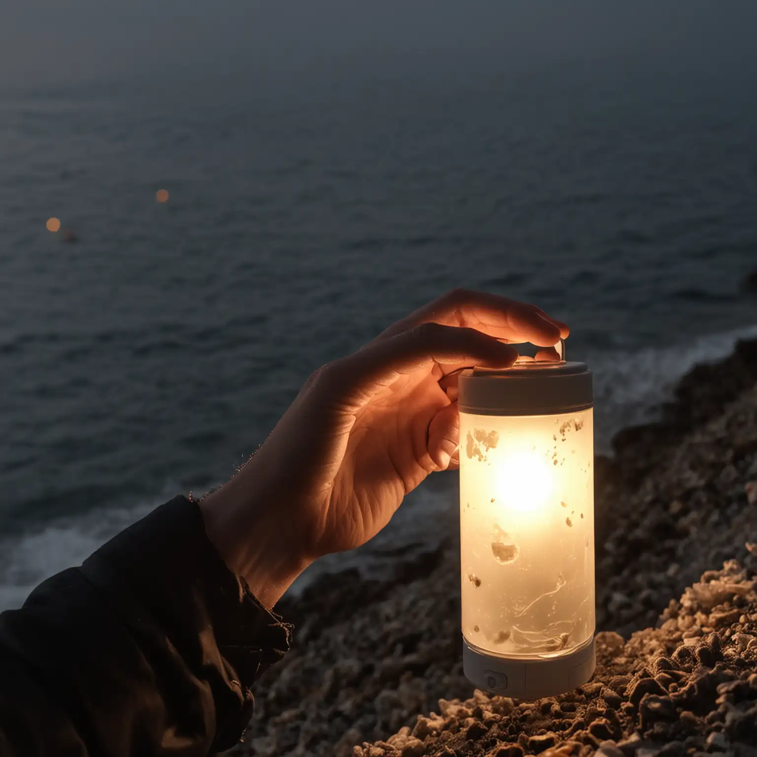 the portable light lamp lighten up near the sea by someone holding it in the night 





