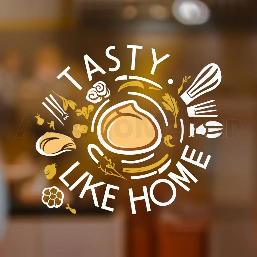 a logo design,with the text "tasty, like home", main symbol:food, pelmeni,complex,be used in Restaurant industry,clear background