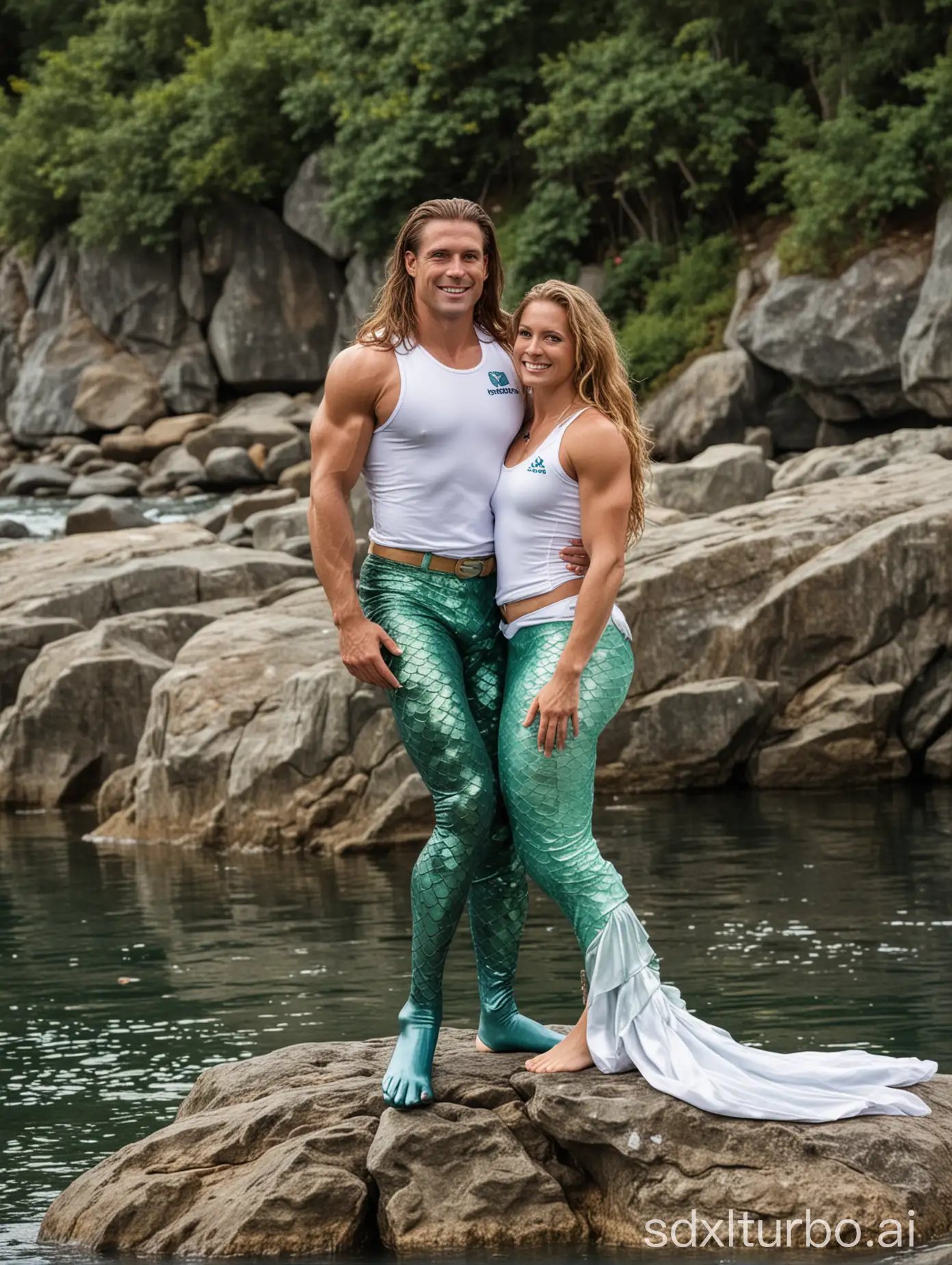 Photo of Diana Bukowski, strong olympic athlete, muscular, wearing a mermaid costume, posing on a rock with her husband Greg Orson, an accountant, wearing a white shirt. They're enjoying, it's very heart warming and happy.