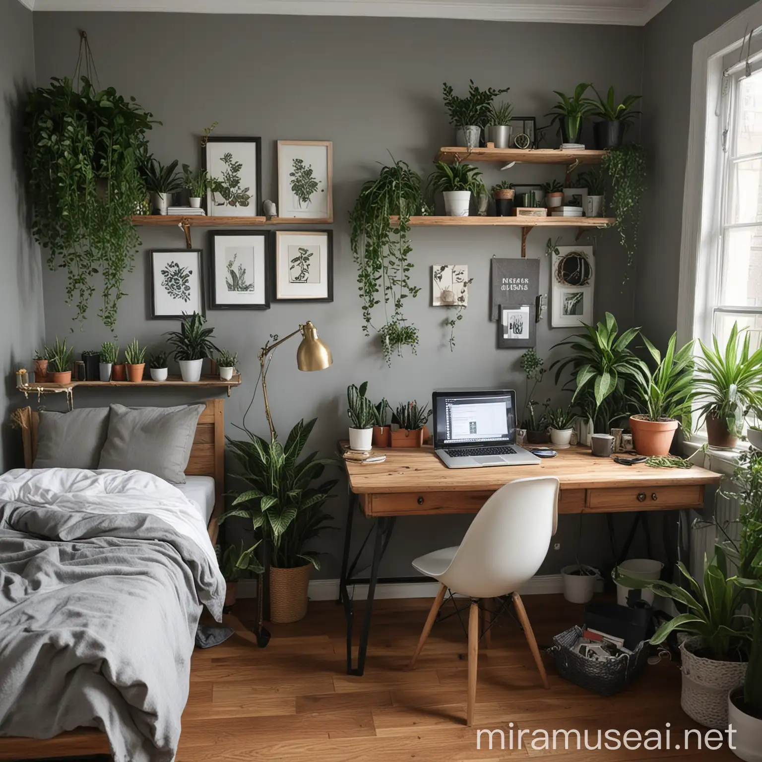 cozy home, gray walls, a lot of plants, bedroom, workdesk