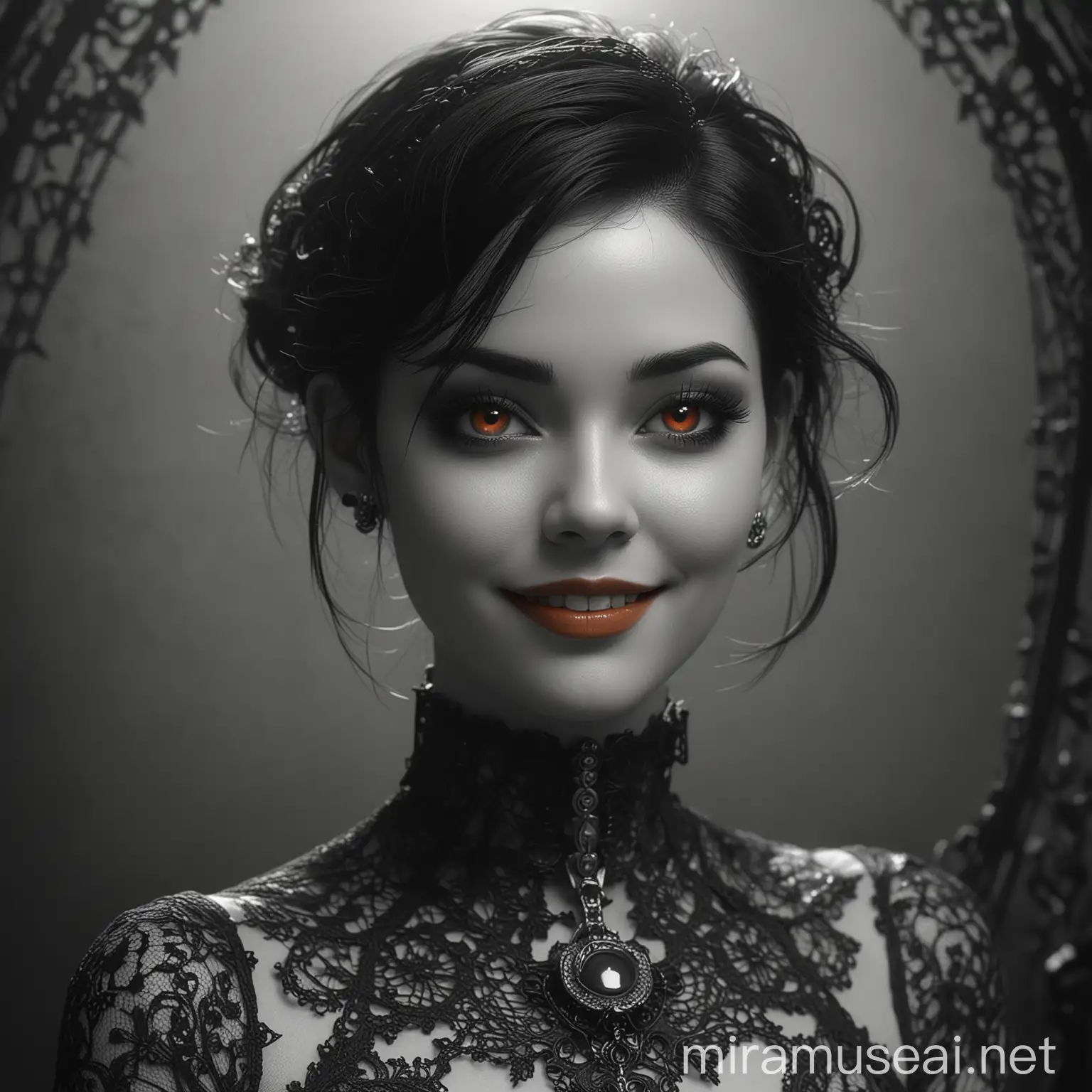 Gothic Beauty Smiling in Lace Queen of Darkness with Grey Eyes in Retro Bauhaus Style