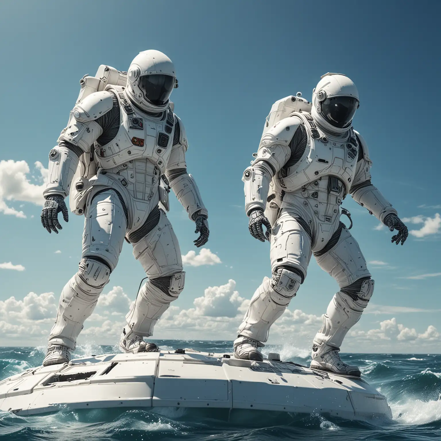 Hyperrealistic. Close-up. two sci-fi space soldiers in white suits float on a space raft  in on the ocean.  They stand in dynamic poses as if they were surfing. The background is blue sky. Dynamic image. Fun atmosphere.