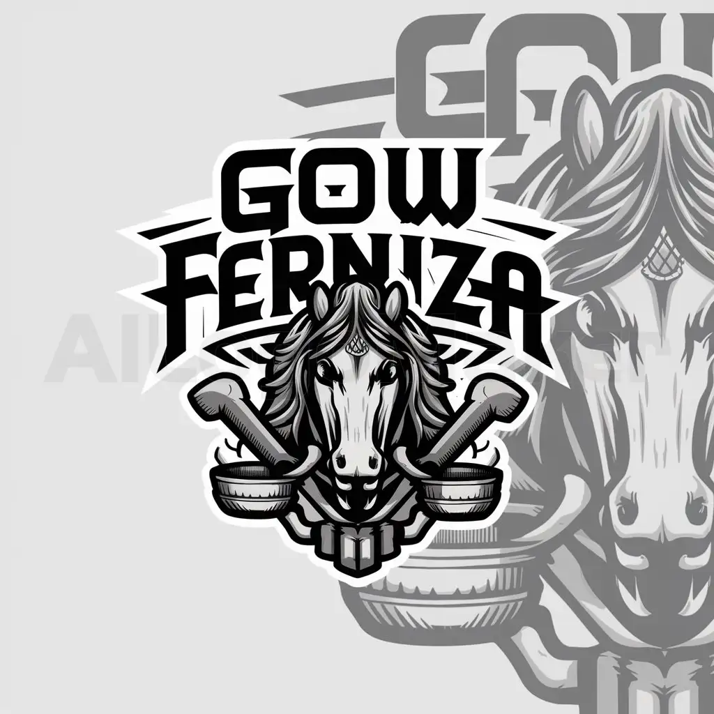 a logo design,with the text "GOW FERNIZA", main symbol:spanish horse with alms bowl and a club,Moderate,be used in Video games industry,clear background