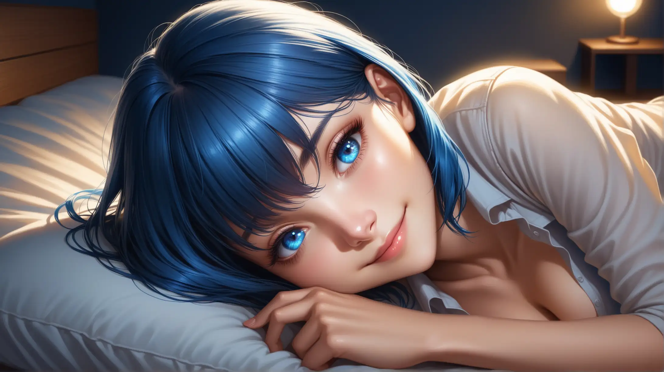 Draw a woman, short blue hair covering one eye, blue eyes, slender figure, high quality, realistic, accurate, detailed, high angle shot, lying on back, night lighting, indoors, bedroom, relaxed outfit, seductive, smiling at the viewer