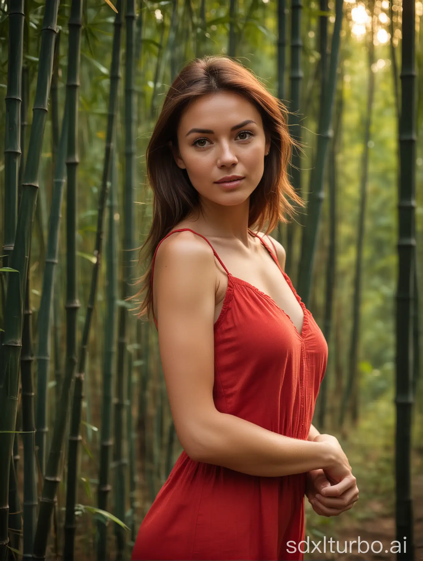 Woman-in-Red-Sundress-Amidst-Dark-Bamboo-Forest