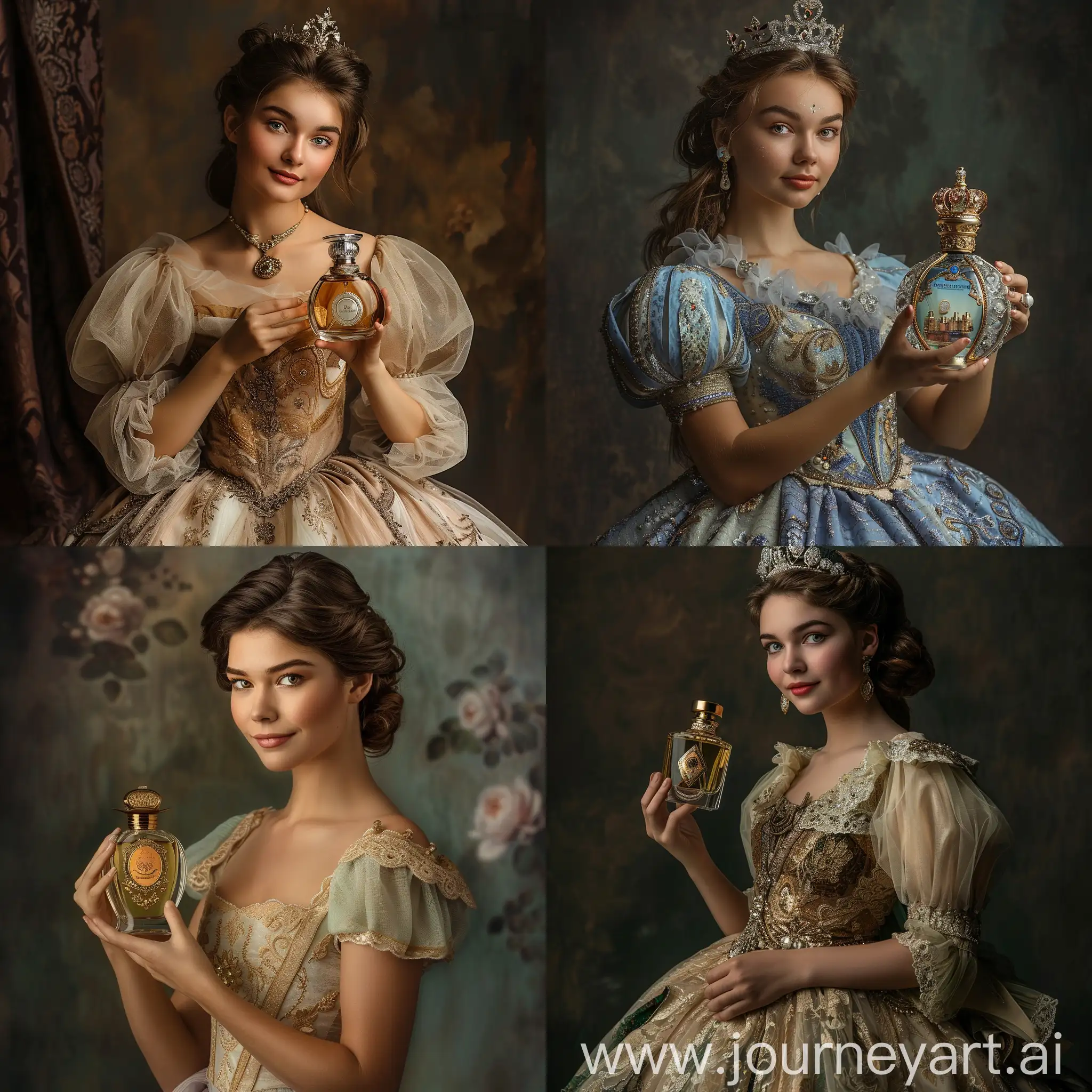 (Real photo of a very beautiful lady wearing a princess dress, advertising photo pose with a perfume bottle in her hand, princess and royal theme, attention to the image on the perfume bottle, (very attractive and dignified woman), beautiful and professional pose A studio photo suitable for poster advertising