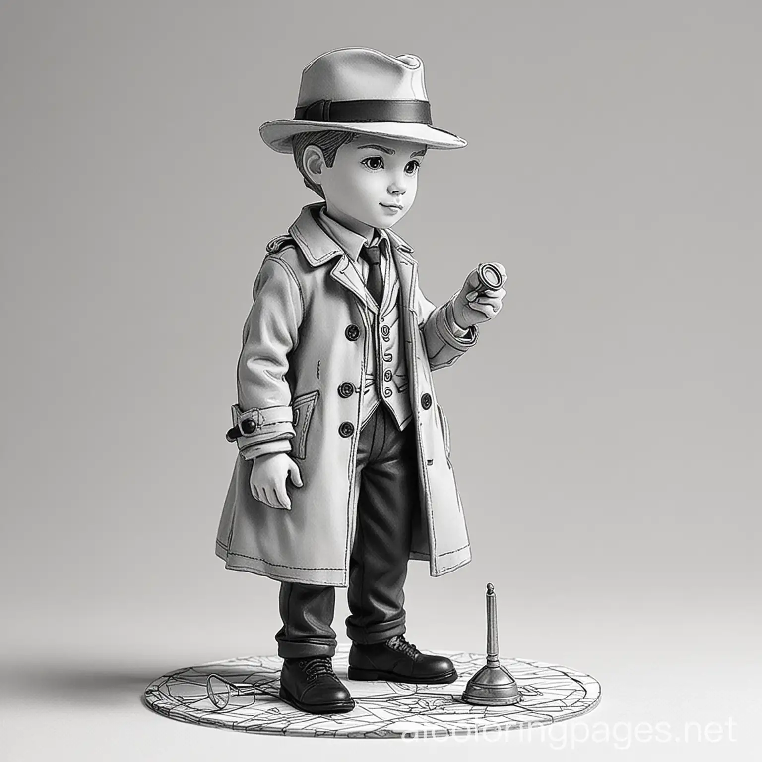 Draw the detective as the central figure. Show them in a thoughtful pose, kneeling or bending over to inspect clues. Add details such as a detective hat, trench coat, and a magnifying glass in their hand. Colouring Page, black and white, line art, white background, Simplicity, Ample White Space. The background of the colouring page is plain white to make it easy for young children to colour within the lines. The outlines of all the subjects are easy to distinguish, making it simple for kids to colour without too much difficulty ,, Coloring Page, black and white, line art, white background, Simplicity, Ample White Space. The background of the coloring page is plain white to make it easy for young children to color within the lines. The outlines of all the subjects are easy to distinguish, making it simple for kids to color without too much difficulty