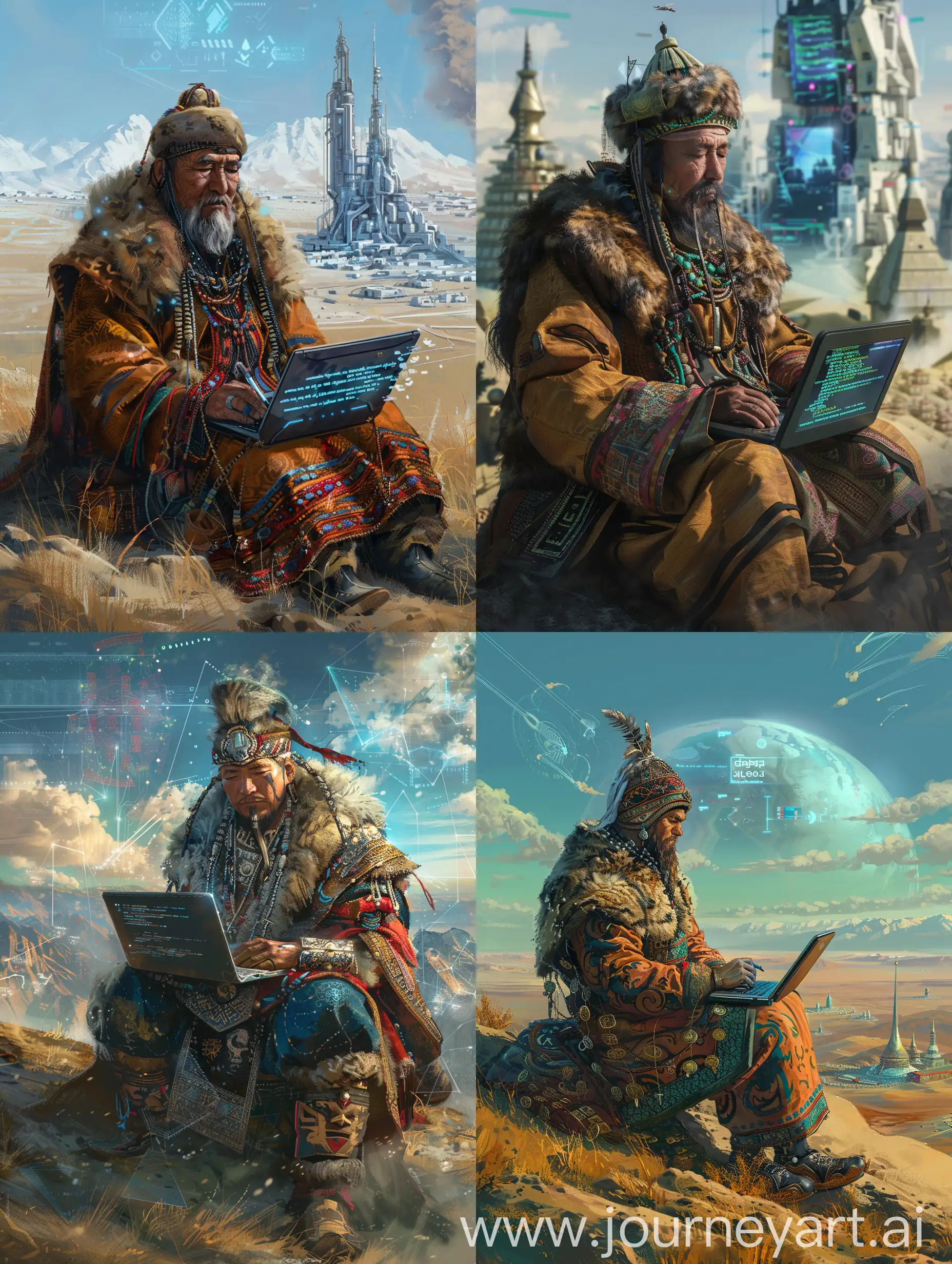 Create an image of a Kazakh batyr in a technological steppe, writing code on a laptop. The batyr should be dressed in traditional Kazakh warrior attire, surrounded by a landscape that blends elements of the vast steppe with high-tech features like digital holograms, futuristic devices, and advanced technology.