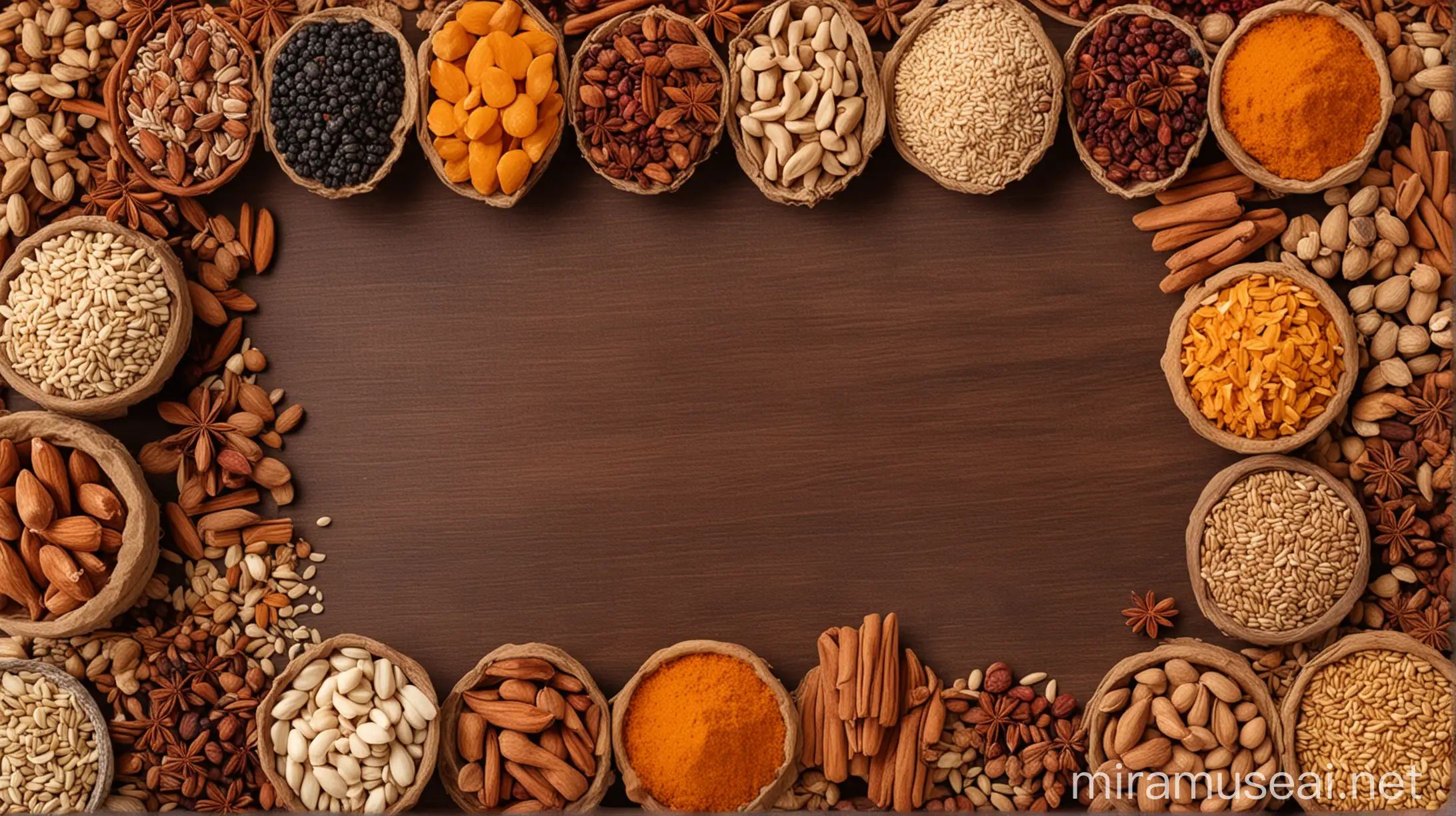 Colorful Arrangement of Grains Spices and Dry Fruits