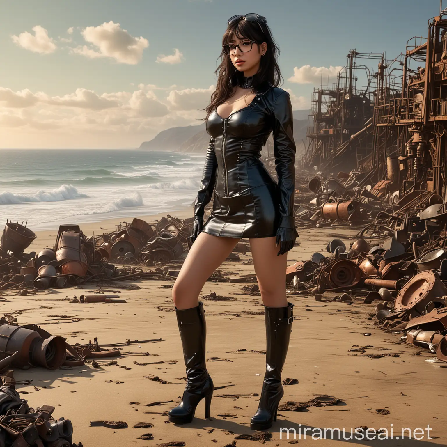 Richard, a man was playing Fallout on his PC when when he pressed the button he appeared in the game in Santa Monica State Beach and transformed into a woman, daughter of Mia Khalifa and Hitomi Tanaka, wearing a latex corset, ((latex miniskirt)) , ((high-heeled boots above the thigh)), long sleeveless latex gloves ((open spiked jacket)) large round glasses and latex earrings, Fallout World Steampunk, Aiko has a striking appearance, combining latex elements from her two famous mothers. She inherited Mia Khalifa's expressive and captivating eyes, while her curvaceous and voluptuous figure is reminiscent of Hitomi Tanaka. Her hair is long and silky, with a dark brown tone that stands out in the sun. She has an imposing and confident presence, but also radiates an aura of elegance and charm with a beautiful smile, as she walks sexily towards the camera showing her entire body, in a setting destroyed by radiation, all rusty and full of metals, with the sea in the background, epic masterpiece, cinematic experience, 8k, fantasy digital art, HDR, UHD. This contrast between the fantastical character and the more traditional color scheme and elements gives the piece an intriguing narrative quality. The model is sitting on the sand in a sexy position looking at
  to the camera. old junkyard,,((wearing a latex backpack))