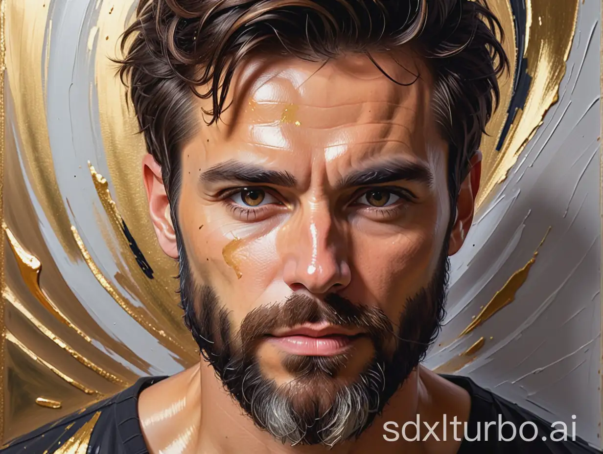 dark brown haired bearded man looking directly and intensely at the viewer, gold leaf and bronze and silver highlights behind, abstract expressionism with rough brushwork impasto, deep textures, fine art inspired by ink painting style, zoom out