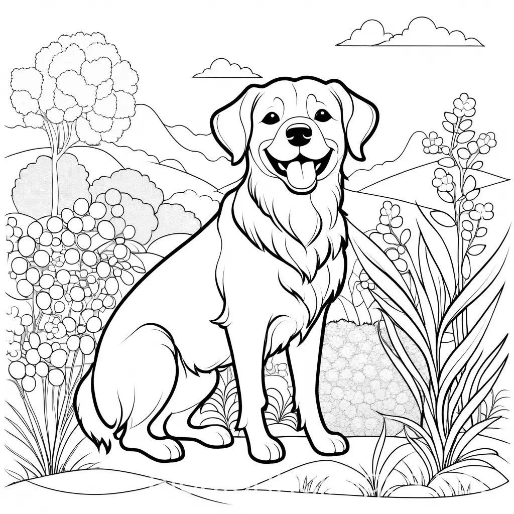 a happy dog in garden, Coloring Page, black and white, line art, white background, Simplicity, Ample White Space. The background of the coloring page is plain white to make it easy for young children to color within the lines. The outlines of all the subjects are easy to distinguish, making it simple for kids to color without too much difficulty