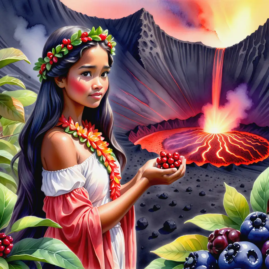 watercolor of hawaiian princess looking at ohelo berries she holds in her hand - background of glowing volcanic crater

