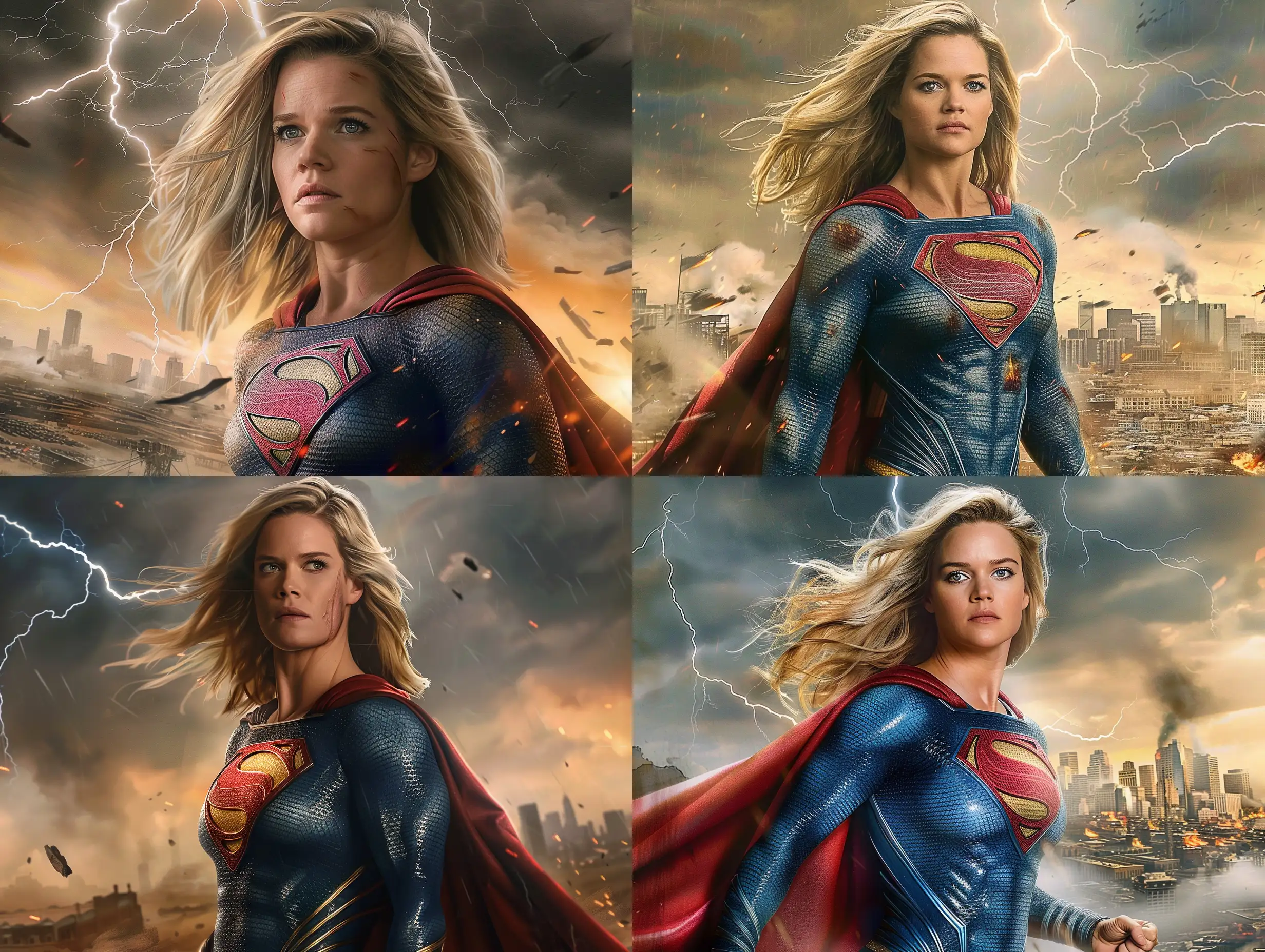 Reese Witherspoon as a superhero, artistic, superman pose, movie poster, distant city in chaos in background, lightning in sky