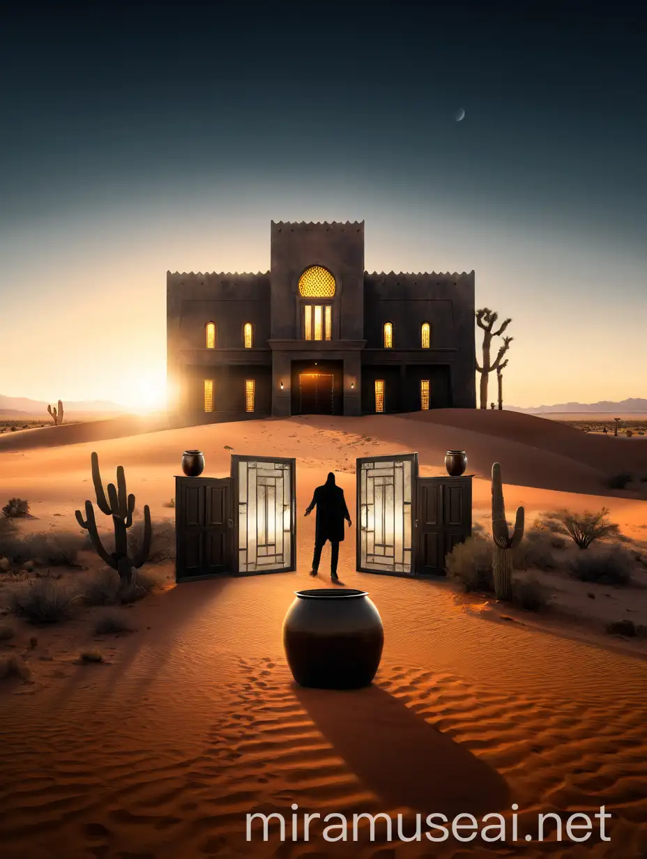 Mysterious Desert House with Glowing Pots and Intrigue