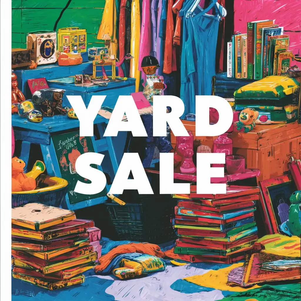 Vibrant Yard Sale Poster with Colorful Items and People