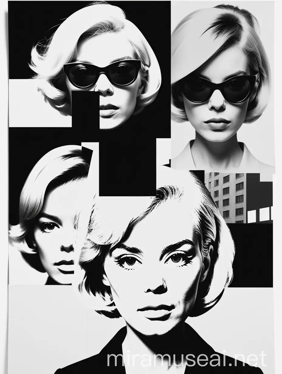 modern art collage idea, minimal , black and white, andy warhol style, WOMEN AND ARCHITECT MIX, PHOTO MONTAGE
