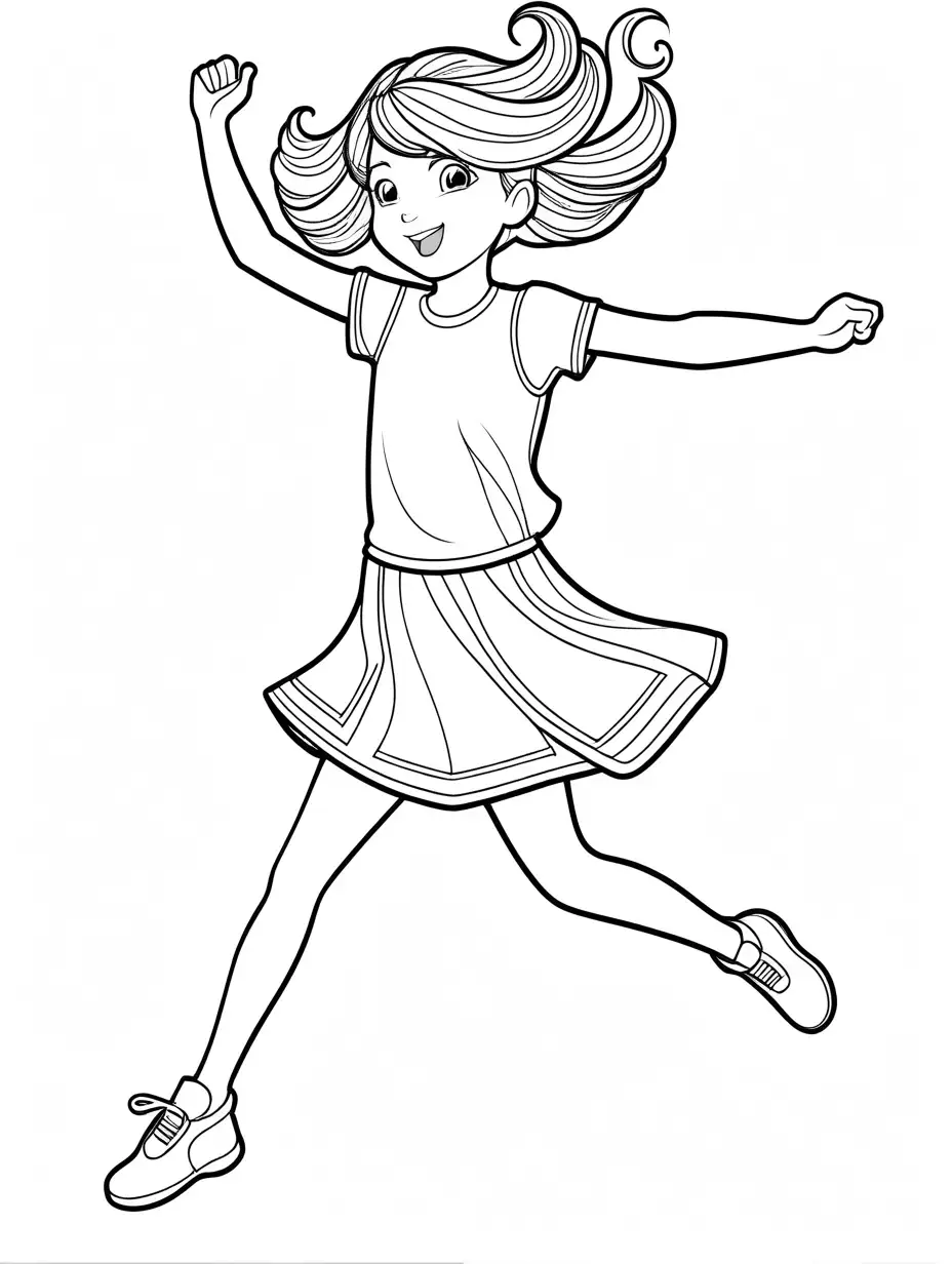 create a coloring page of girl jumping, Coloring Page, black and white, line art, white background, Simplicity, Ample White Space. The background of the coloring page is plain white to make it easy for young children to color within the lines. The outlines of all the subjects are easy to distinguish, making it simple for kids to color without too much difficulty