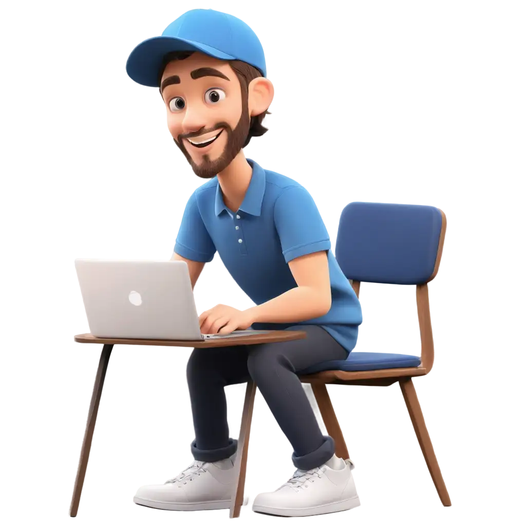Buatkan gambar illustrasi 3D desainer grafis, di meja dengan laptop, menggunakan topi, dengan baju biru