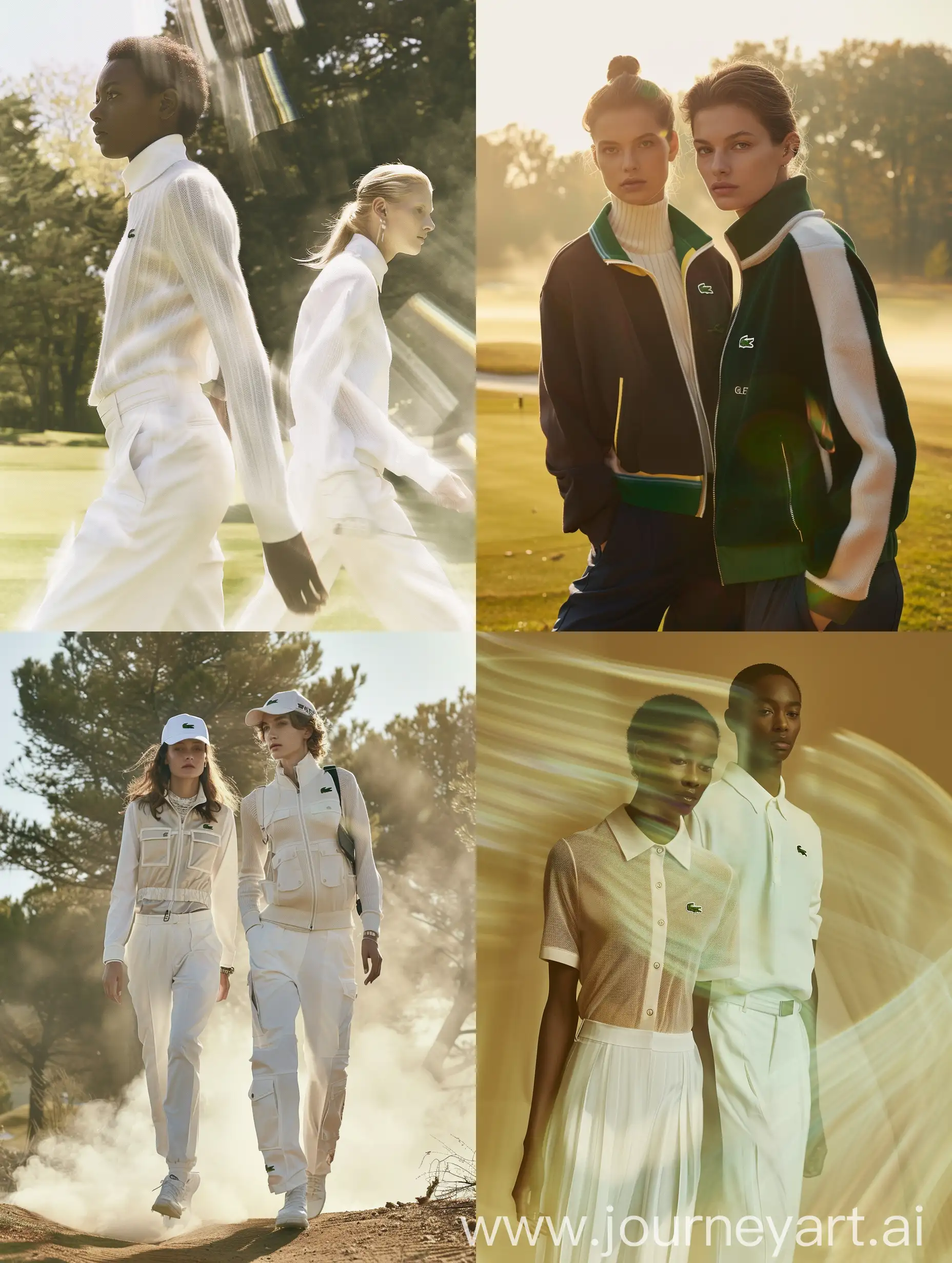 hyper realistic front view of a duo models in Lacoste GOLF Style fashion editorial, cinematic lut, exudes confidence, blending Lacoste fashion with the unique atmosphere golf aesthetic, cinematic, very texture intricated details, camera haze, camera blur. high movement, path blur