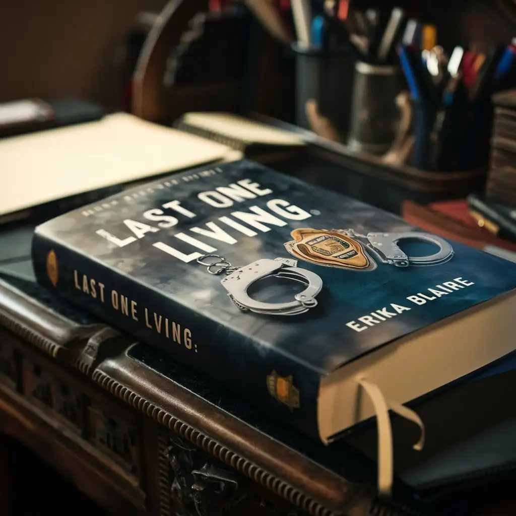 A book on a desk, it is titled 'Last One Living' it is a police themed autobiography by author Erika Blaire