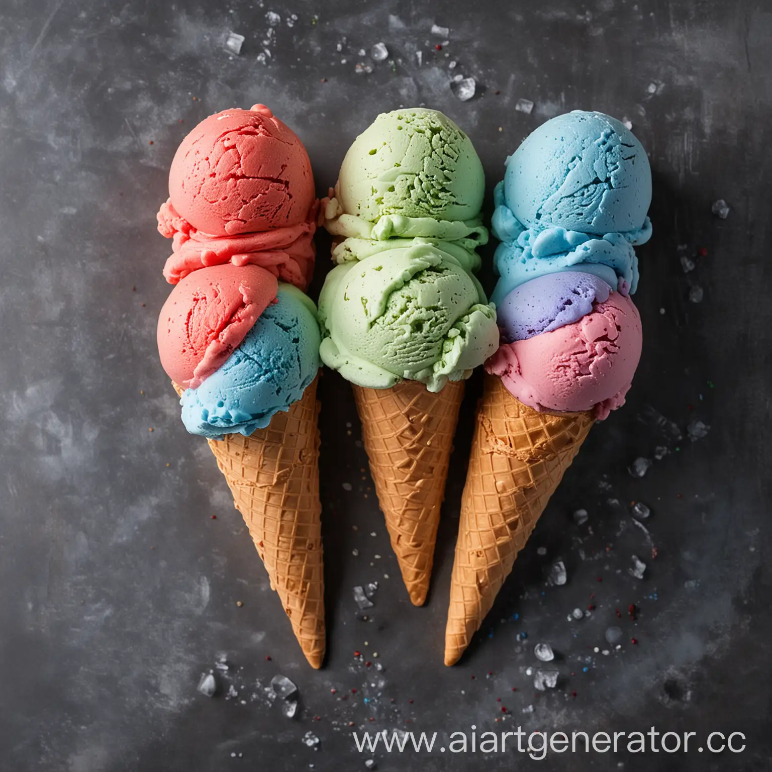 Мороженое рожок с тремя цветными шариками мороженого красный зеленый и синий