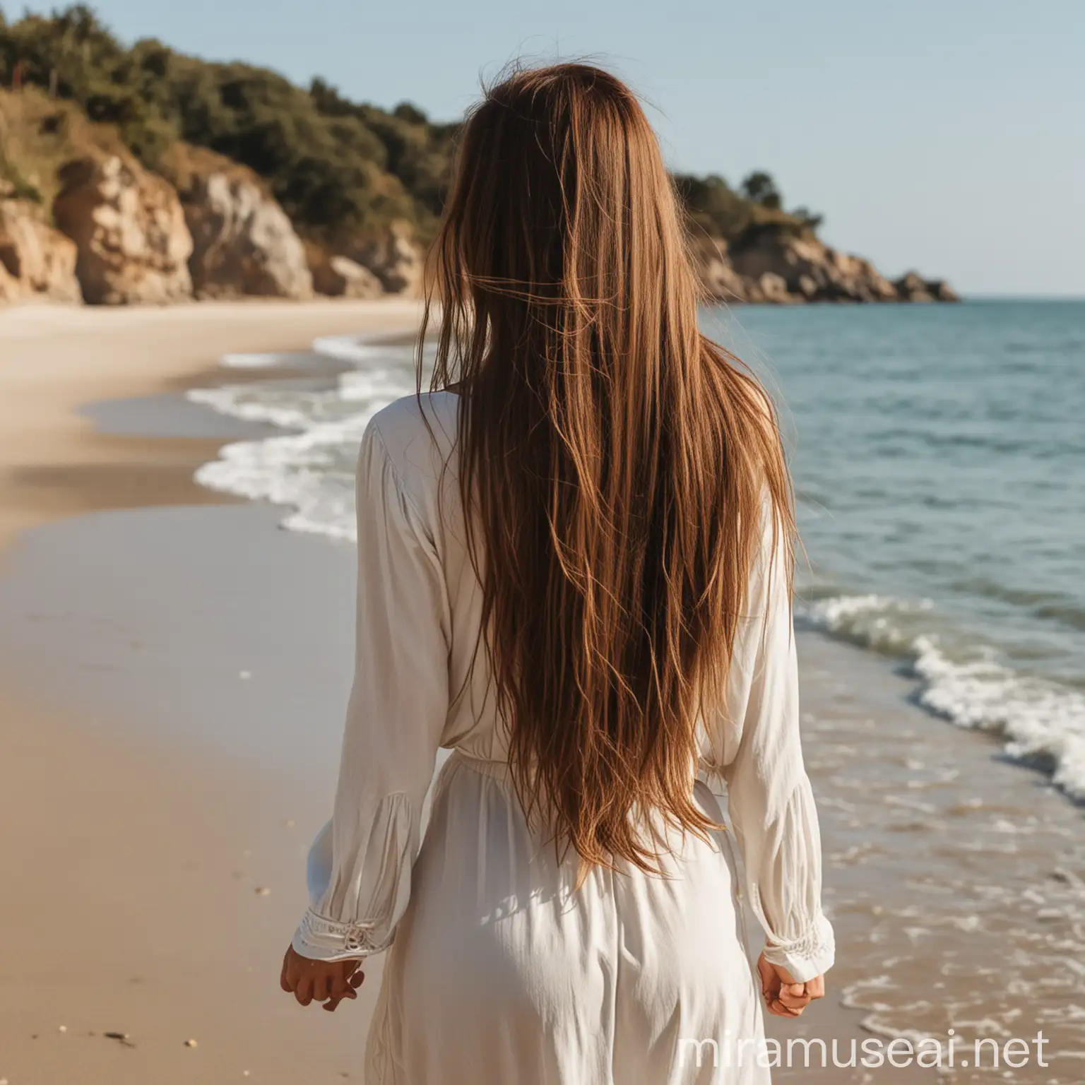 Frau mit langen braunen haaren am strand von hinten