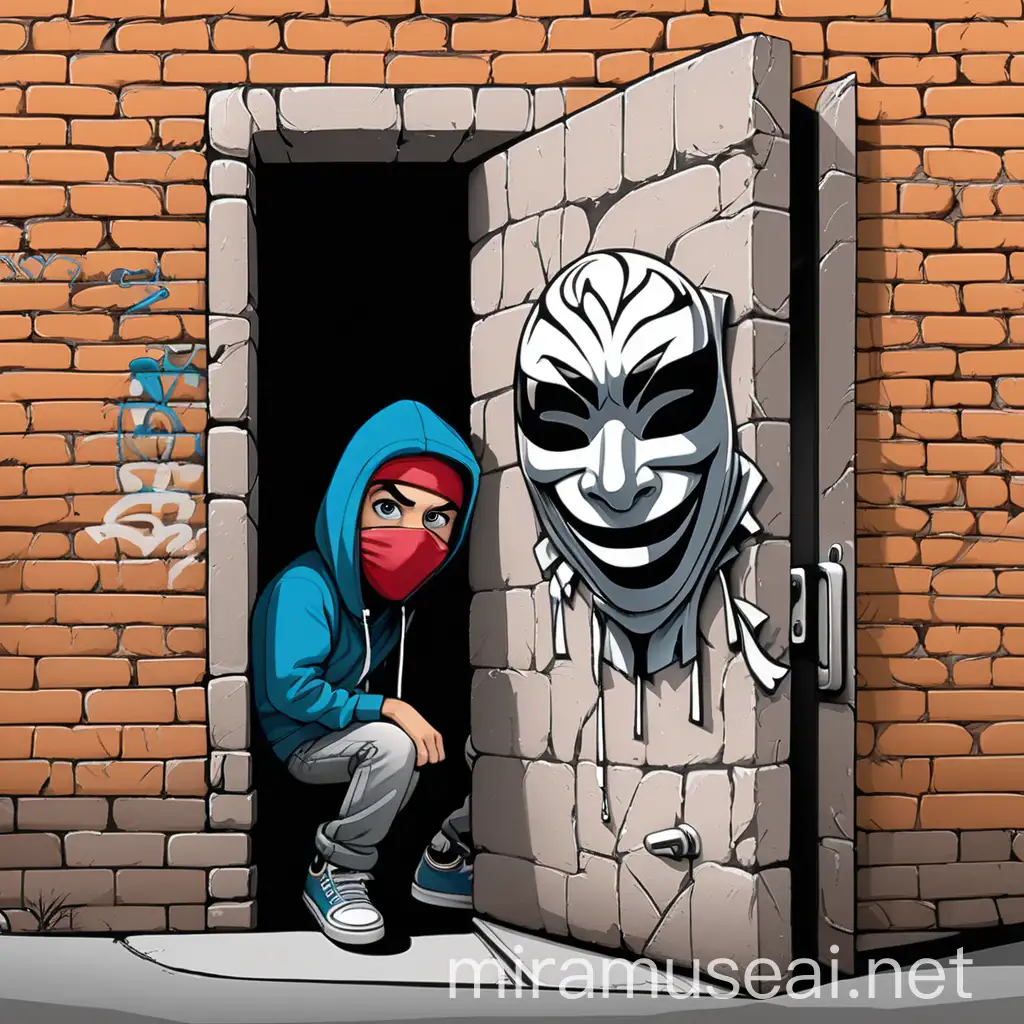 masked cartoon graffiti artist peeking out from behind a wall