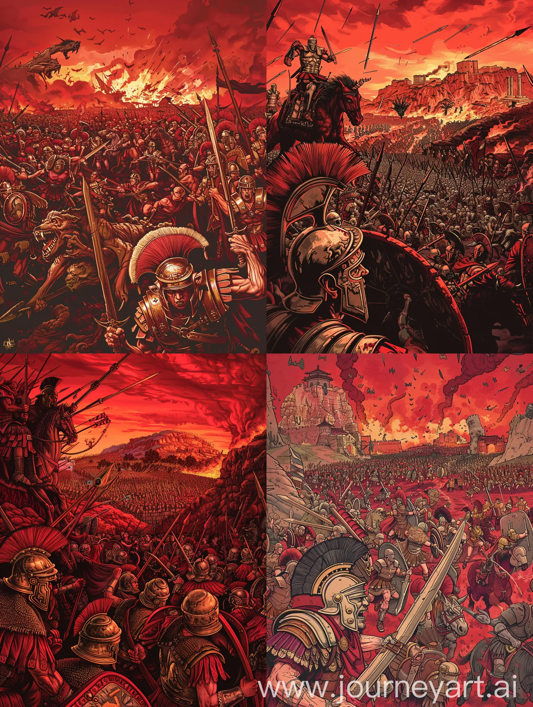 Can you describe and draw a detailed illustration of a fantasy battle scene in which a well-organized and heavily armed Roman legion of approximately 500 soldiers, including centurions, infantry and cavalry, is engaged in a fierce battle against a horde of evil and chaotic goblins, whose number is estimated at approximately 2000 people? a number depicted against a red sky with a fiery landscape in the background, using red as the main color for the illustration, showing the bravery, strategy and fighting prowess of the Roman soldiers in their encounter with the goblin horde?