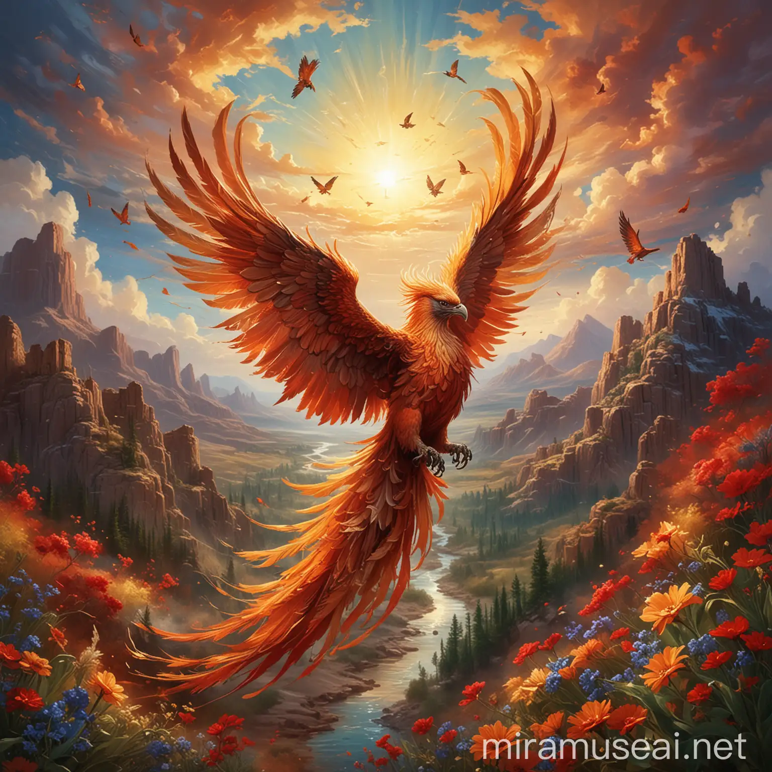/imagine prompt: A magnificent phoenix with its wings spread and soaring in the sky.   The phoenix is ​​a powerful symbol of freedom, rebirth, transformation and liberation from the chains of addiction.   Its vibrant, fiery plumage shines in shades of red (#FF4500), orange (#FFA500), and gold (#FFD700), symbolizing strength and renewal.   The background shows a clear blue sky (#87CEEB) with a few fluffy clouds (#F0F8FF), representing new beginnings and hope.   Beneath the Phoenix, the subtleties of broken chains and fading shadows represent victory over addiction. 

  The overall mood is glorious and liberating and captures the essence of the mythical and powerful nature of the Phoenix and the journey of overcoming and rising from past struggles.   Add radiant light effects around the phoenix, enhancing its fiery glow and emphasizing its divine nature. 

  Set the scene in a calm, natural environment, such as a peaceful forest with lush trees (#228B22) and vibrant colorful flowers (#FF69B4, #FFD700), or a peaceful mountain landscape with soft, earthy colors (#8B4513).  ) is a symbol of healing and recovery.   Place a flowing river (#4682B4) in the background, which reflects light and adds a sense of calm and continuity.

  Take inspiration from Vincent van Gogh's expressive brushwork and vibrant color palette to create a dynamic and emotionally powerful image.   Use swirling patterns in the sky and landscape to add a sense of movement and energy.   Include small details like butterflies fluttering around (#FFB6C1) and birds flying in the distance (#4682B4), which symbolize freedom and new life.

 .   Add a soft halo effect around the phoenix to show its sacred and transformative nature.   Feathers should have intricate and detailed patterns that absorb light