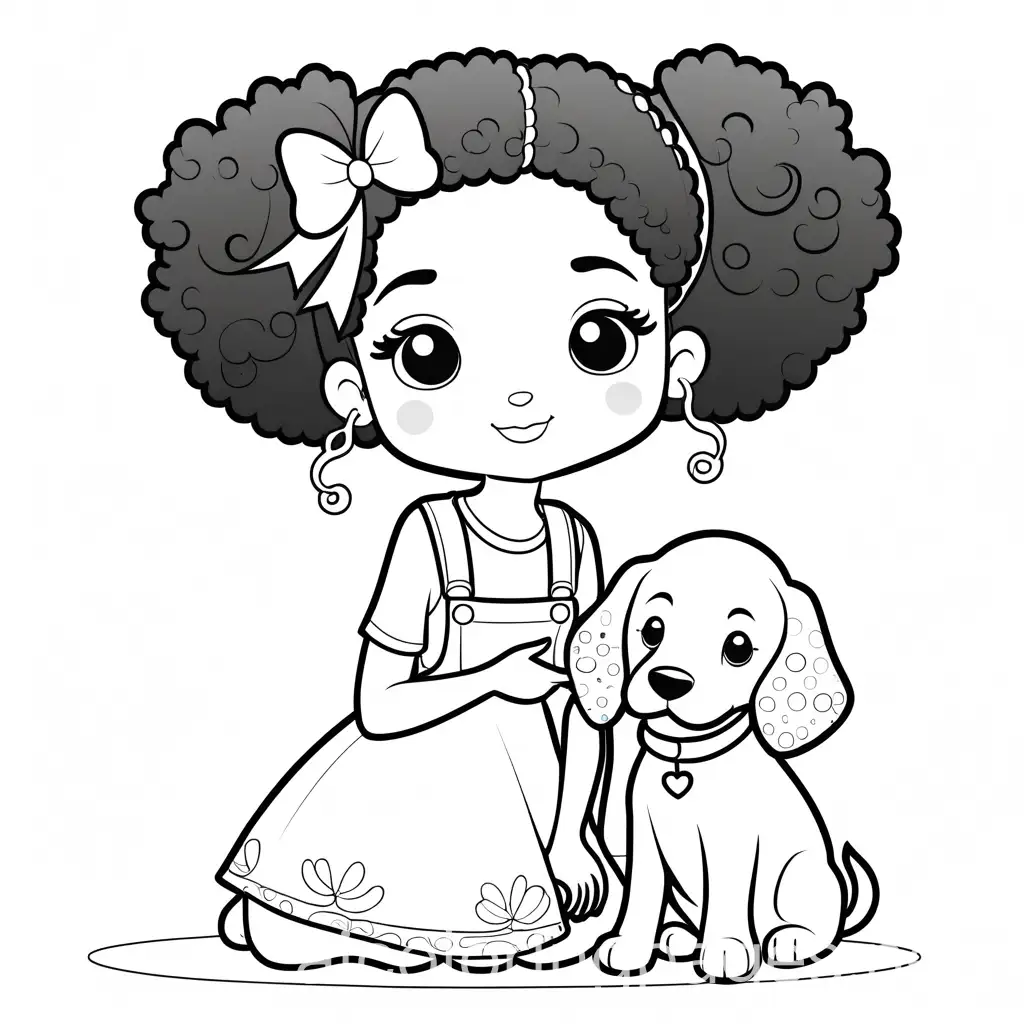 Kawaii-Style-Coloring-Page-Little-Black-Girl-with-Dog