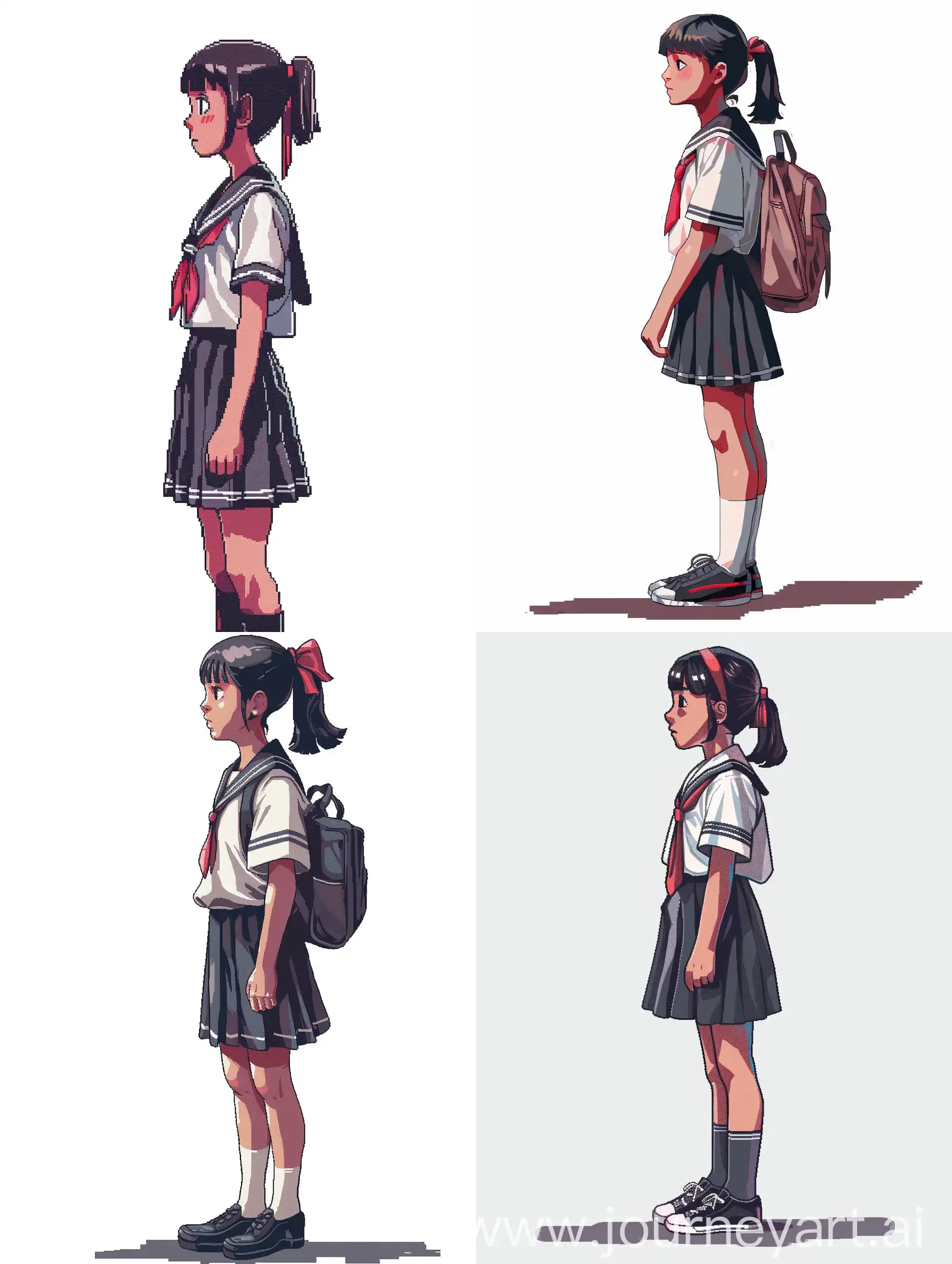 Japanese high school student in school uniform, side view, full length, pixel art, casual style