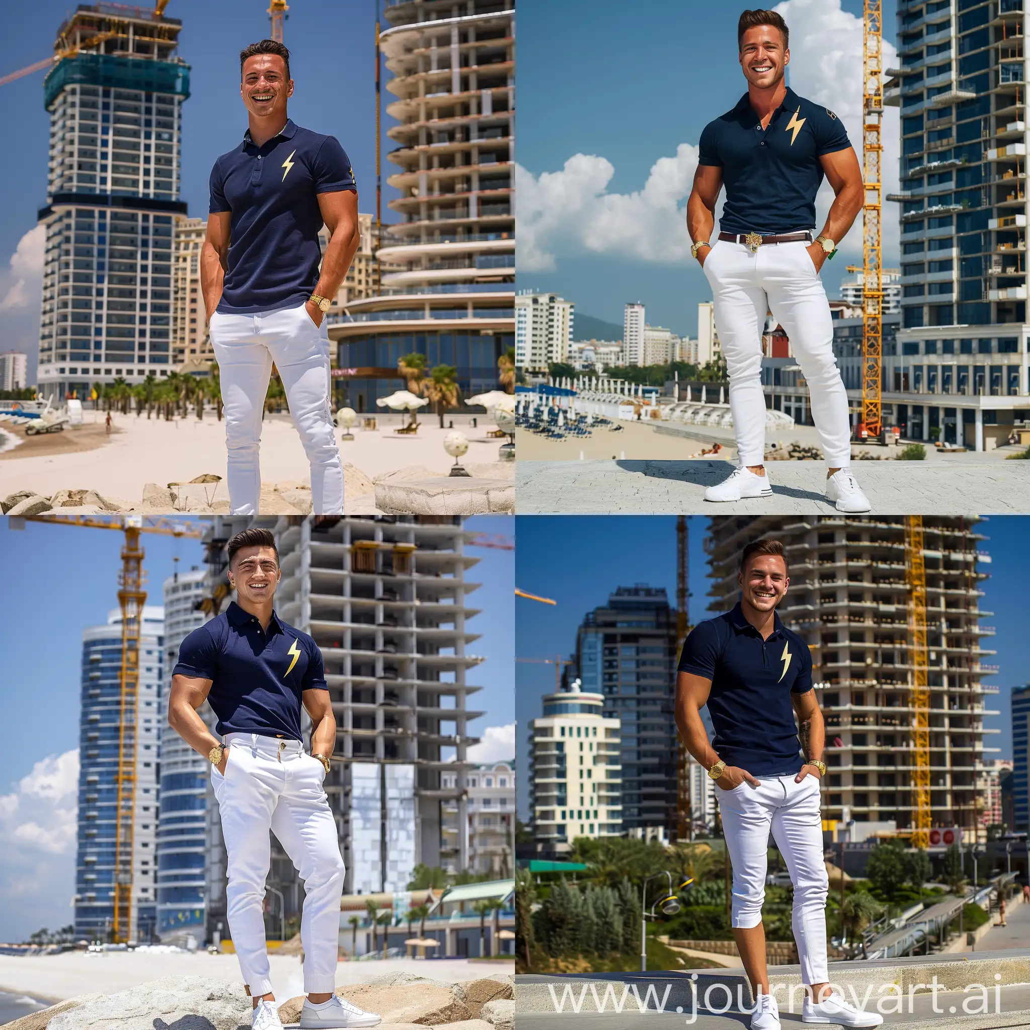 Smiling-Man-in-Dark-Blue-Polo-Shirt-with-Skyscraper-Under-Construction-Background