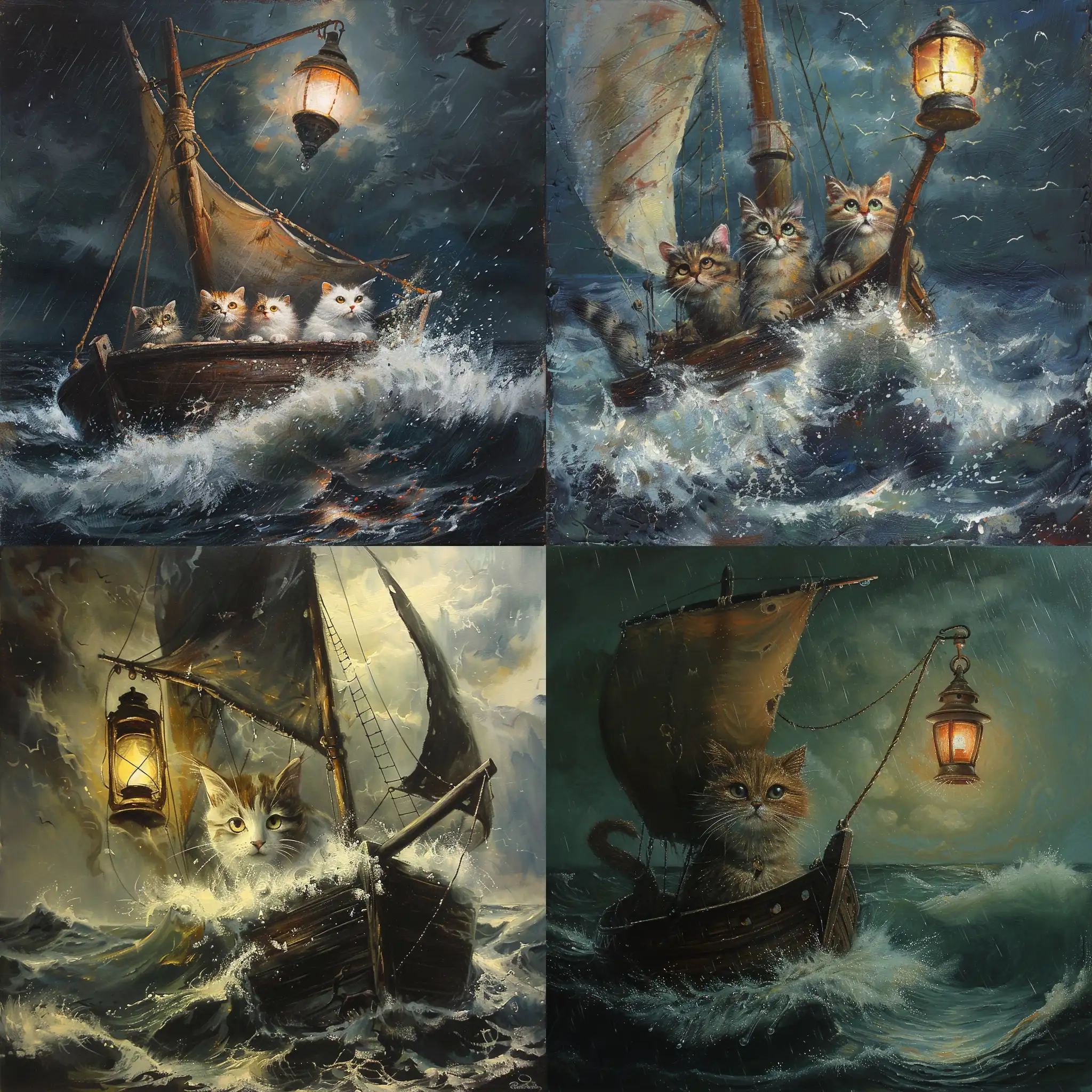 Cat-in-Boat-with-Lantern-on-Stormy-Sea