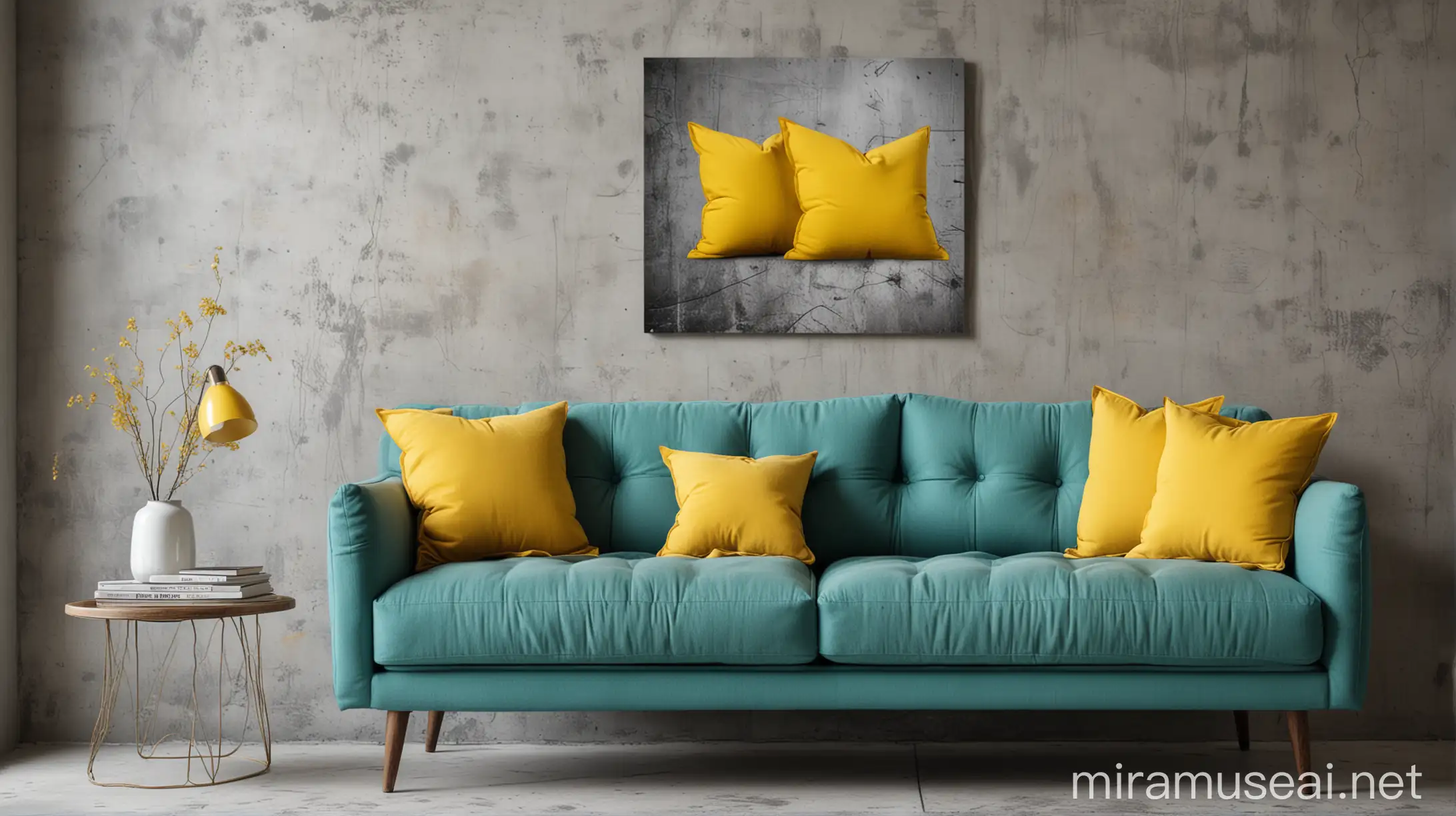 Vibrant Teal Sofa with Yellow Pillows Against Grey Stucco Wall Modern Living Room Decor