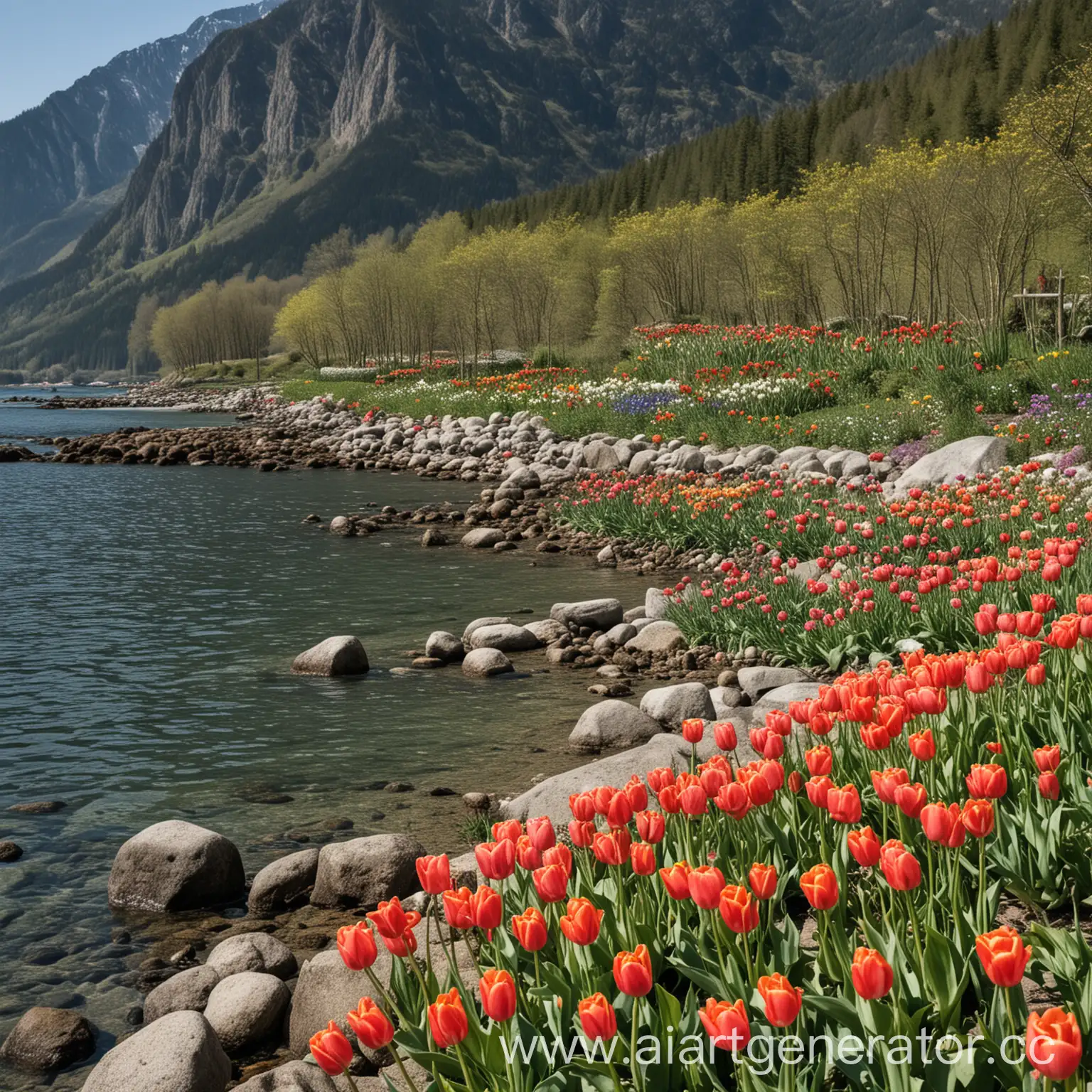 Fisher-on-Rocky-Shoreline-with-Tulips-and-Mountain-View