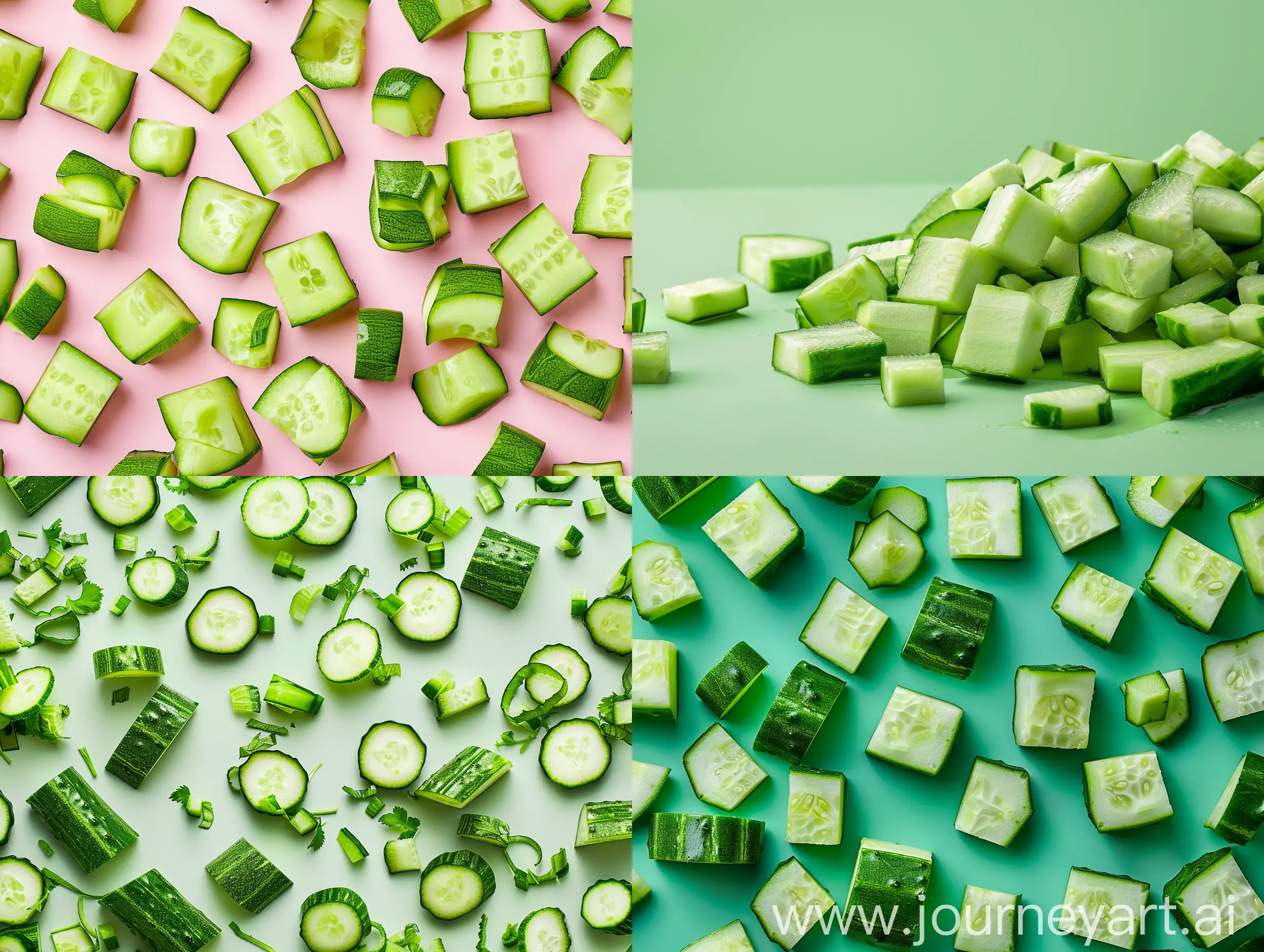 Studio photography with a background of one color of chopped cucumber