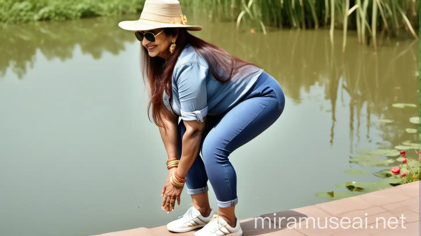 a 47 years old mature  indian woman  backside , with curvy figure , long dense hair, wearing a  hat on head ,wet blue  denim short hot pant  wearing a sunglasses on face , white sneakers on feet  , doing squat exercise and wearing a lots of gold ornaments, happy and smiling near  a pond 