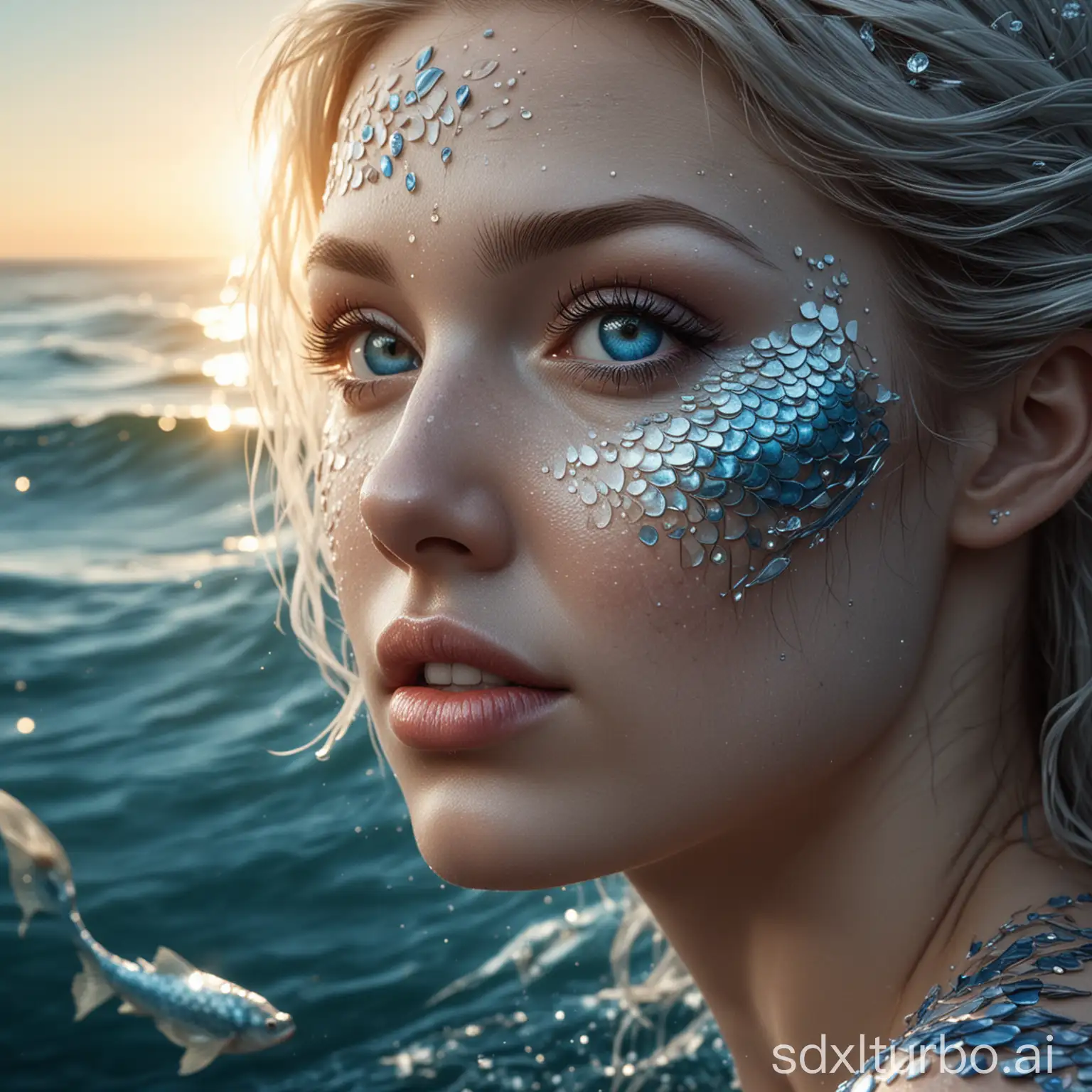 the blue mermaid with diamond skin fish scale beautiful face rising from ocean towards sunrise hyper realistic photorealistic white canvas realistic portrait