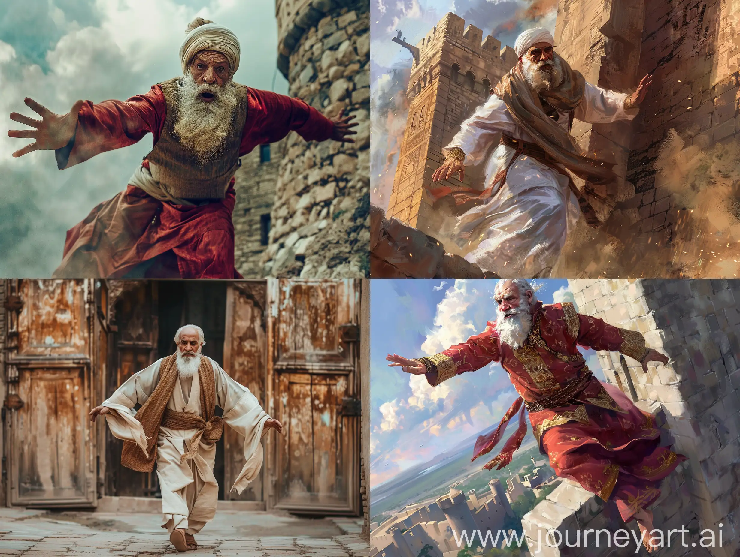 An evil middle-aged man with a white beard and traditional Persian clothes is escaping from the prison of an old castle in the Persian Empire
a real picture with fine details and high quality, with noon lighting for me, create a realistic 4K photo with fine details and daylight lighting.