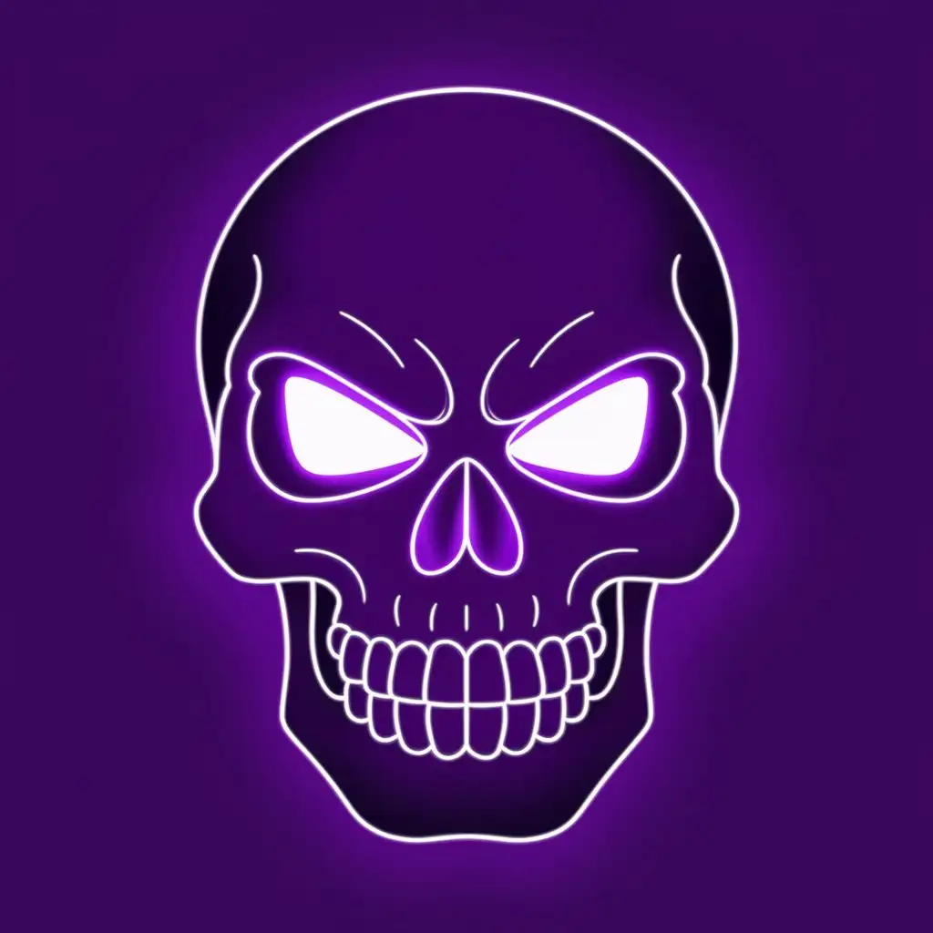 purple neon sign in the shape of a skull, emote style, solid background
