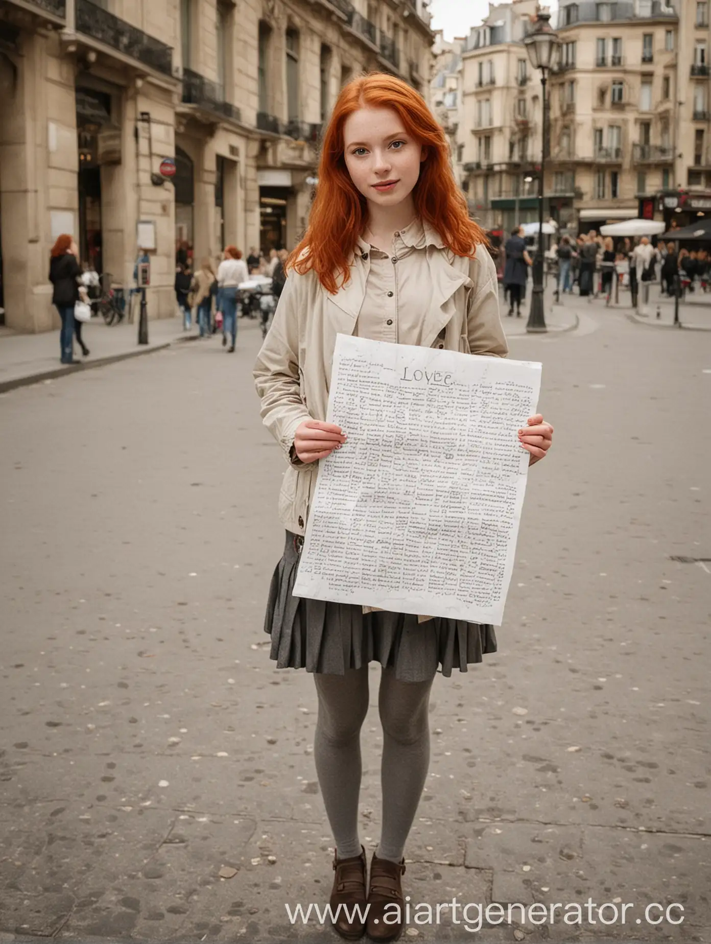 рыжая девушка стоит в Париже с листочком на котором написано lovel99