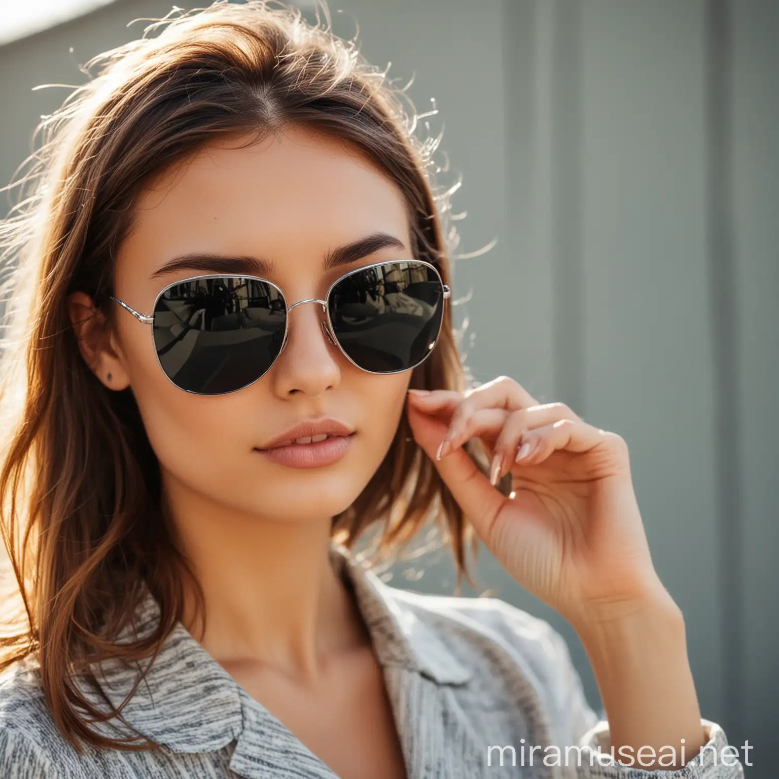 Generate a 2048x540 professional quality photo of model posing wearing sunglasses. Focus on sunglasses.