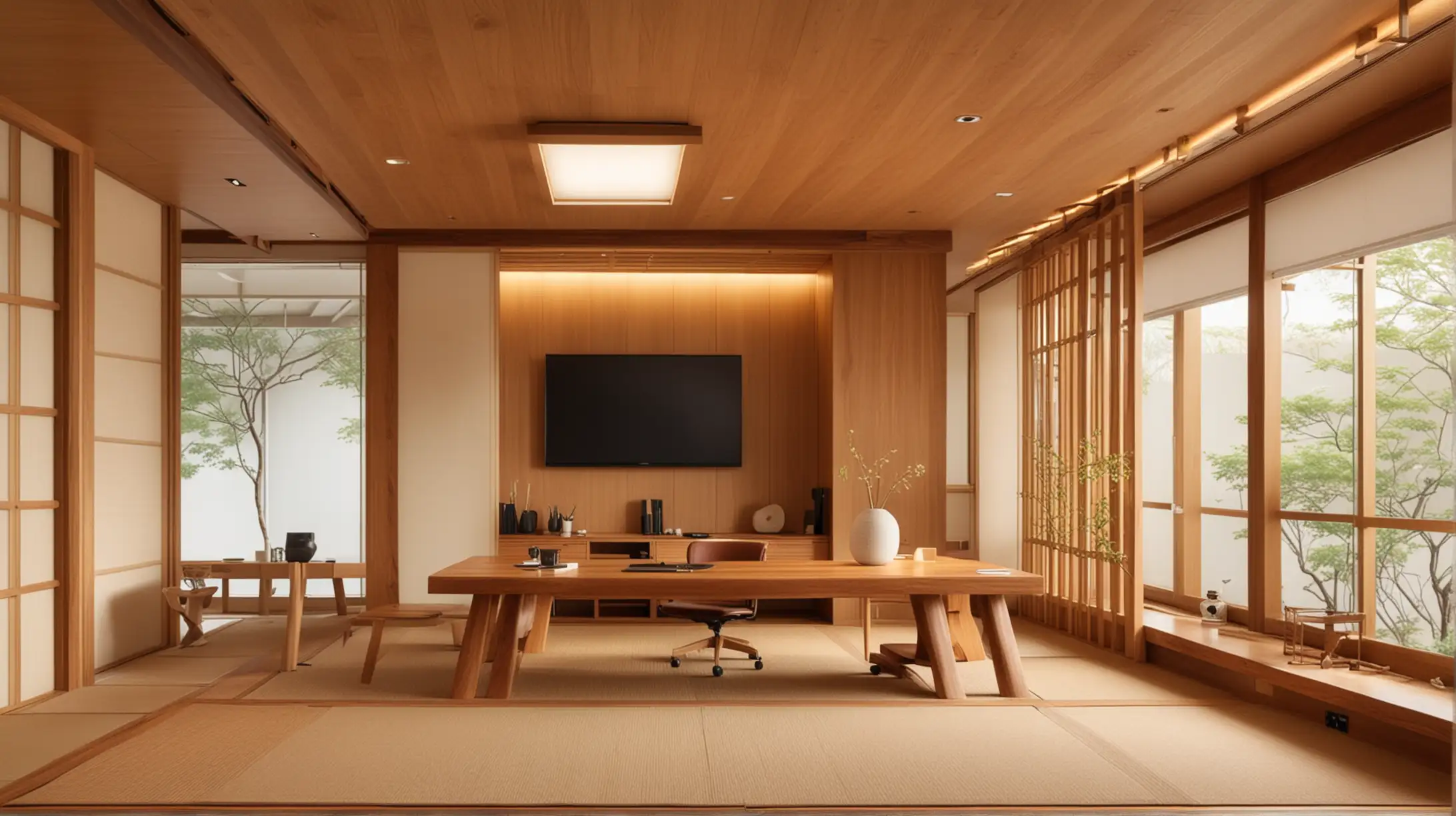 japanese style office, indirect lighting, high quality photo, zen office, luxury office, low ceiling, warm lighting, wood furniture, wood fixture japanese interior design