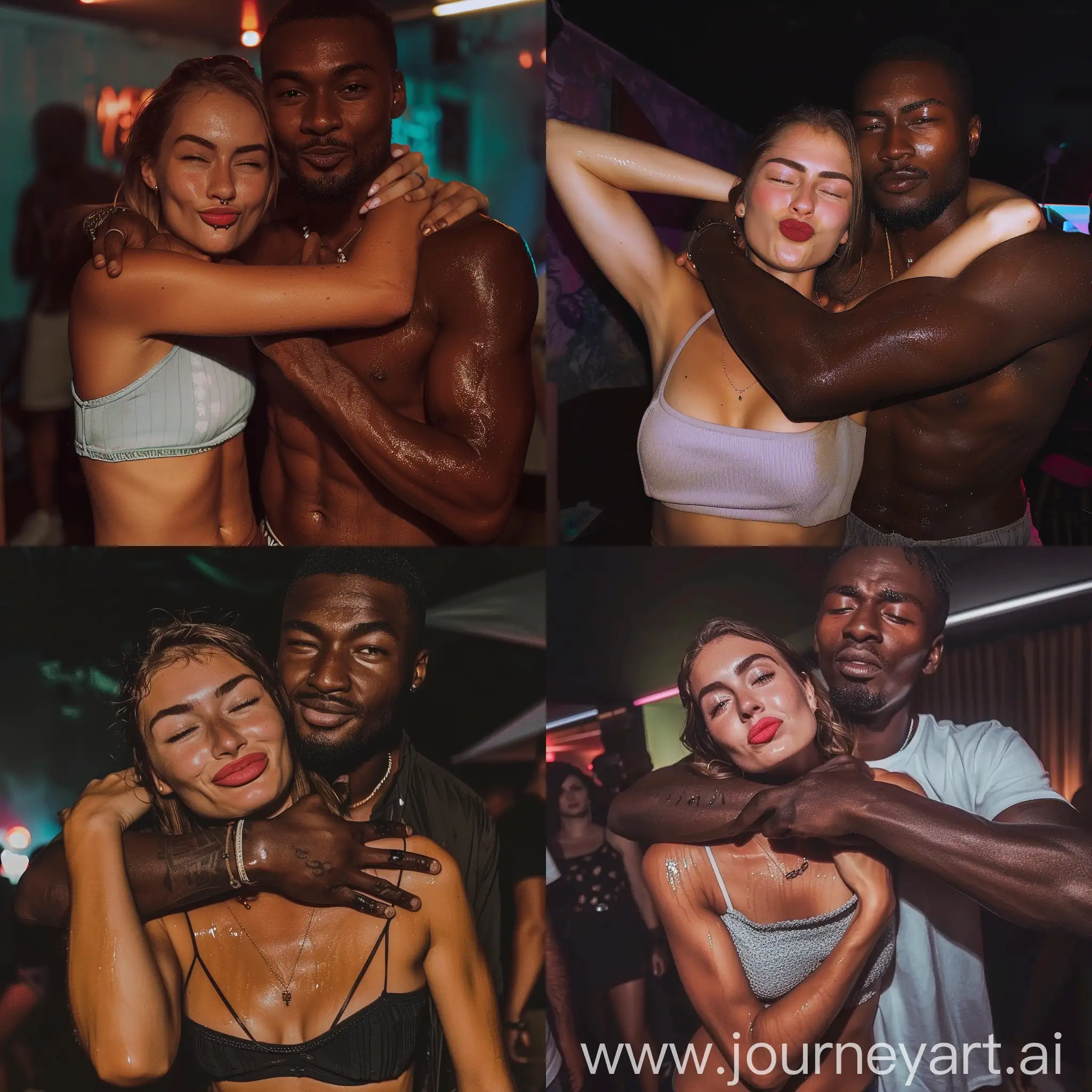 Aesthetic instagram selfie of a German woman in a party club crop-top being possessively hugged by her tall robust African partner, she is doing the duck lips pose, her partner is grabbing her neck and smiling, the woman looks typically German and is beautiful, both are looking at the camera, sweaty, flirty