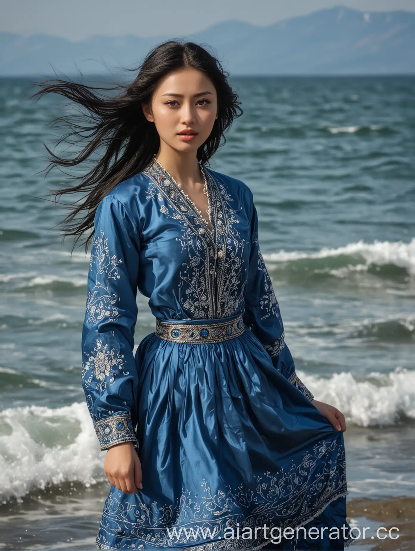 Angara-Daughter-of-Baikal-Stands-on-Seashore-in-Traditional-Buryat-Dress