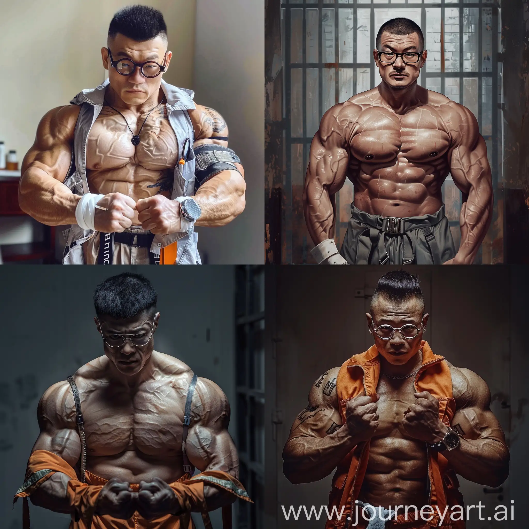 Changpeng zhao CZ (binance) as a muscular bodybuilder wearing prison clothes wearing reading glasses