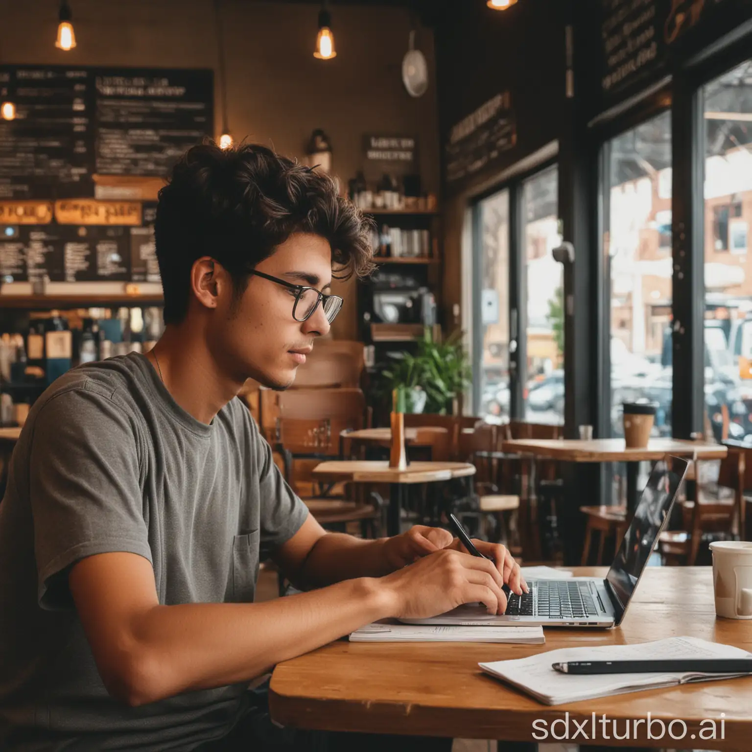 someone studying in a coffee shop on a computer