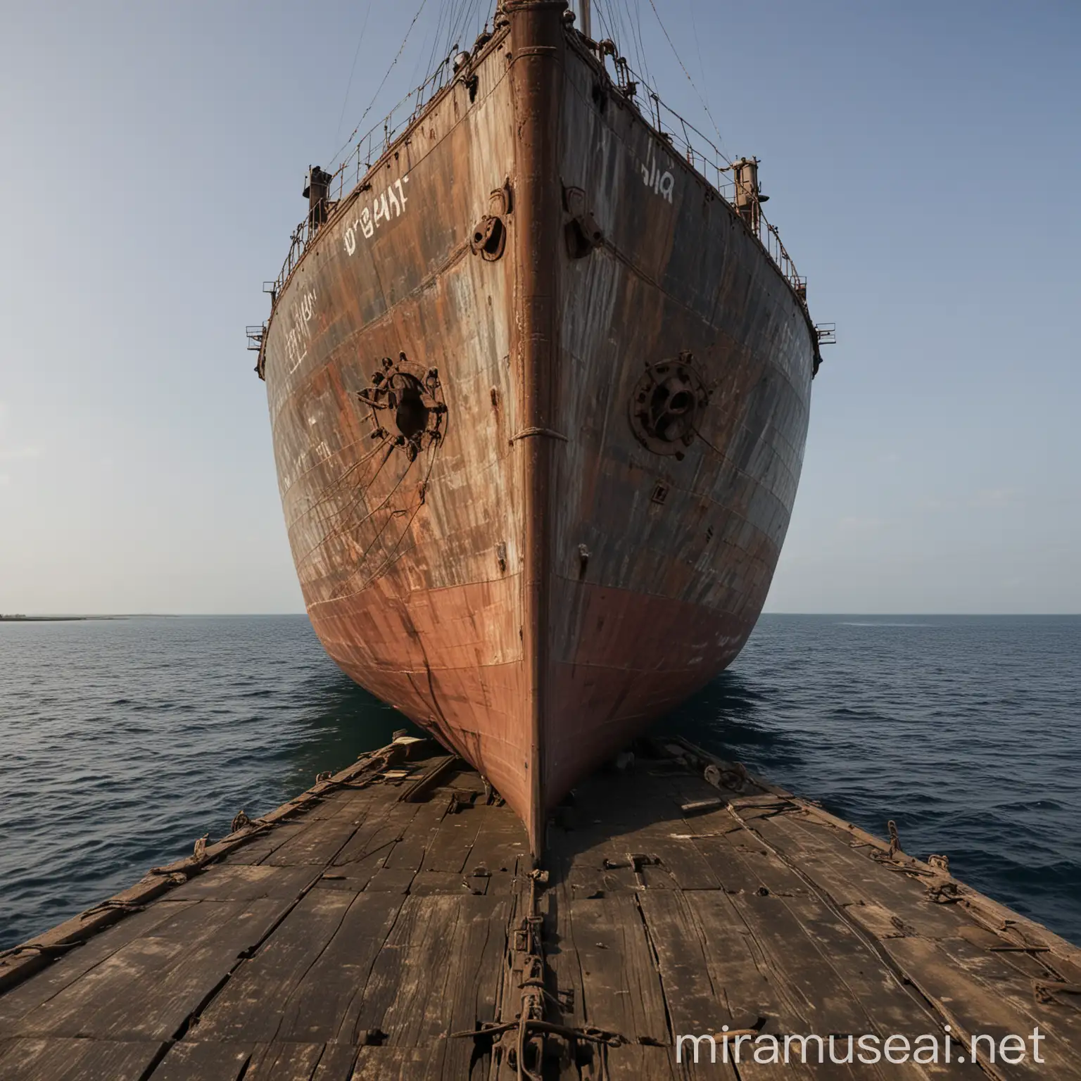 Bow of old cargo ship facing left, wide angel low perspective