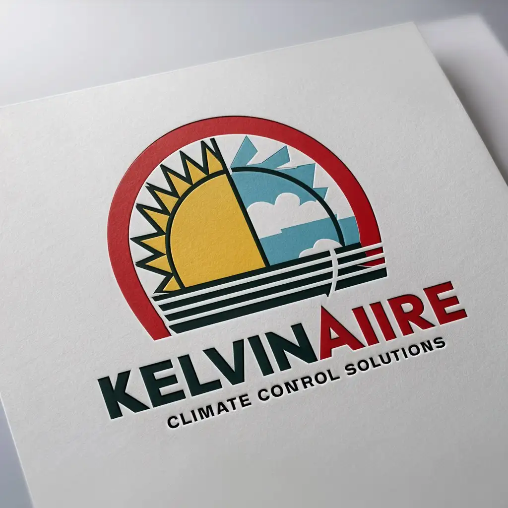 a logo design,with the text "KelvinAire Climate Control Solutions", main symbol:this logo should include a climate with a half-sun theme. preferred color red. must be a logo on a white paper mockup,Moderate,clear background